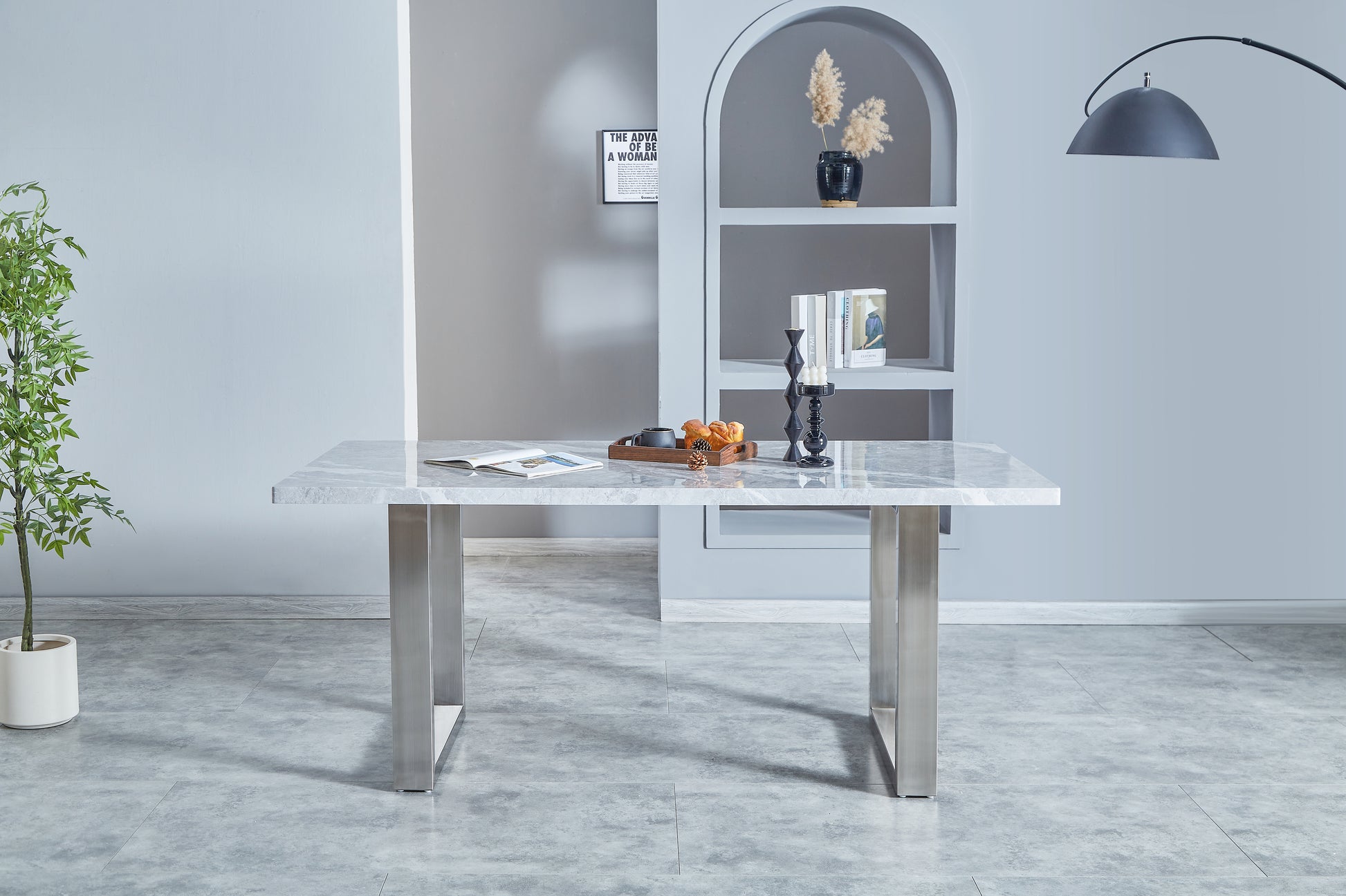 Elegant Luxurious Faux Marble Mdf Dinning Table For 6 Or 8, Rectangular 70.9"L*35.4"W*29.8"H, Thick And Solid Stainless Steel Legs Durable, Easy To Assemble For Kitchen Living Room Meeting, Grey White Gray Seats 6 Ergonomic Kitchen