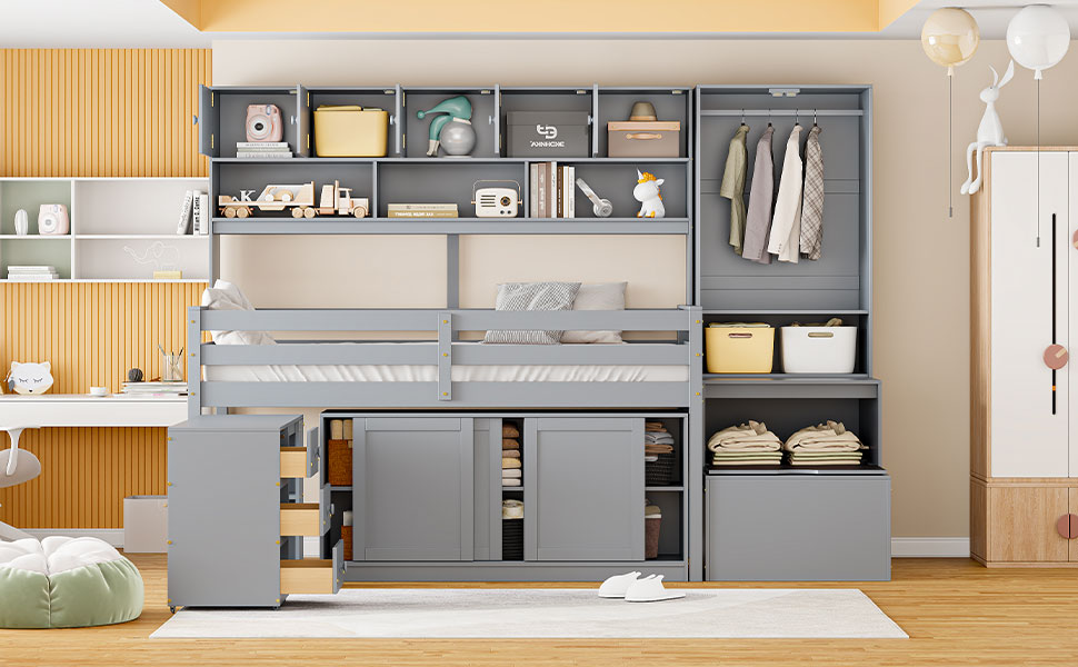 Twin Size Wooden Loft Bed Big Storage With Under Bed Desk, With Drawers, With Shelves, Gray Twin Gray Plywood