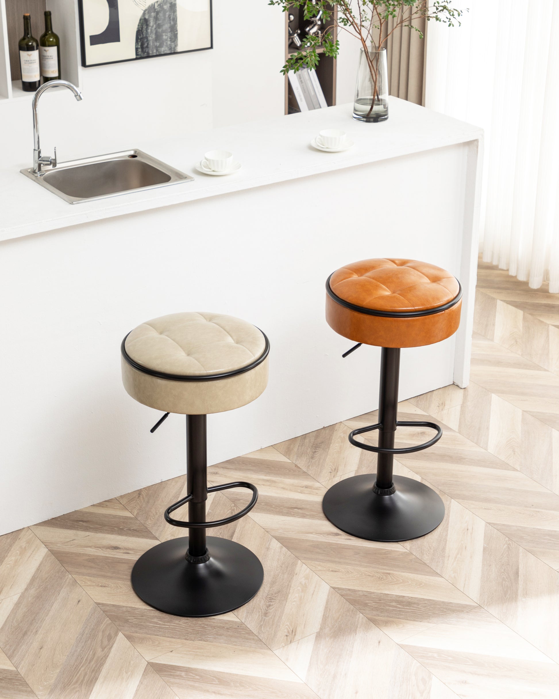 Round Storage Bar Stool Set Of 2, Khaki Faux Leather Height Adjustable Barstool, 360 Counter Height Swivel Stool, Armless Bar Chair With Metal Frame For Kitchen Counter Dining Living Room Khaki Set Of 2 Foam Pu Leather