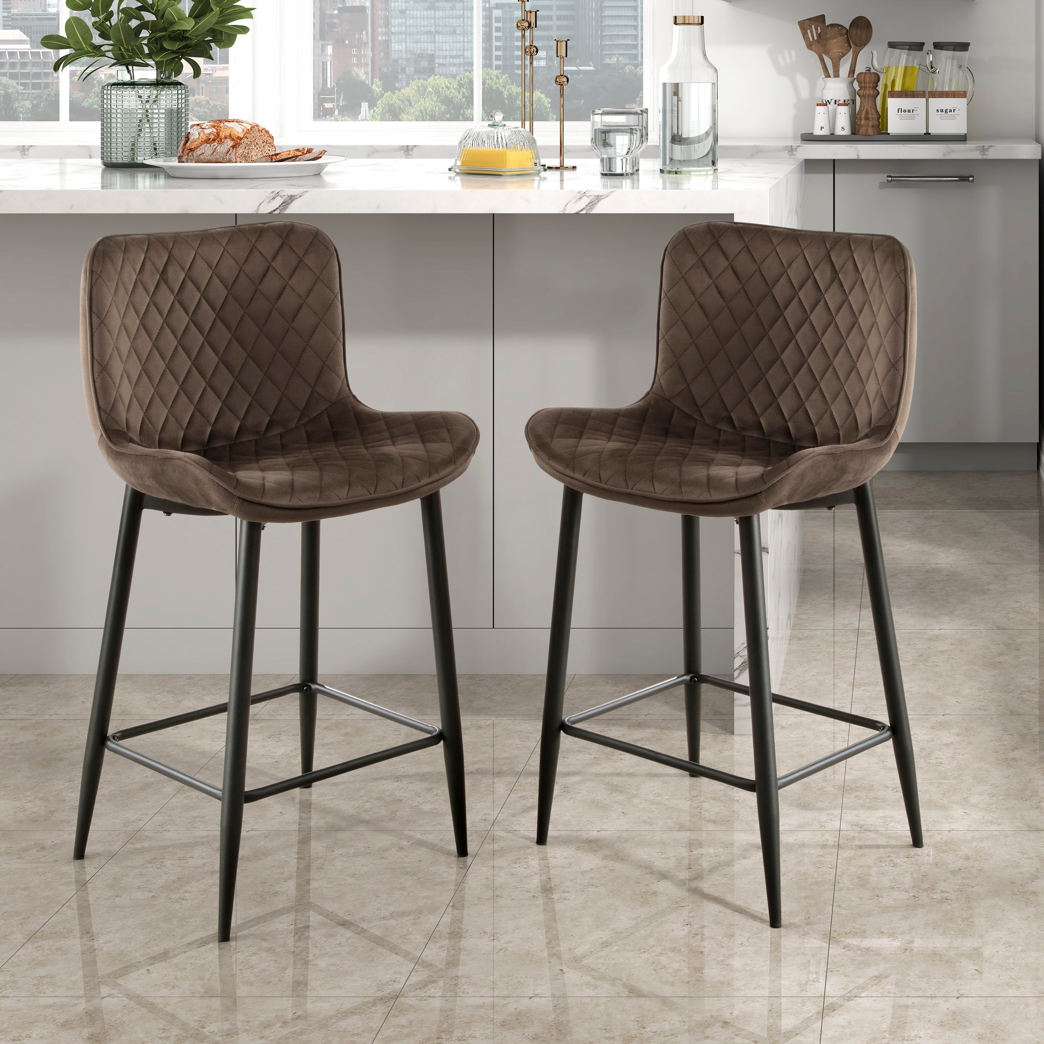 Set Of 2 Counter Height Chairs Brown Velvet Upholstery Modern Casual Dining Furniture Metal Legs, 24 Inch Seat Brown Metal