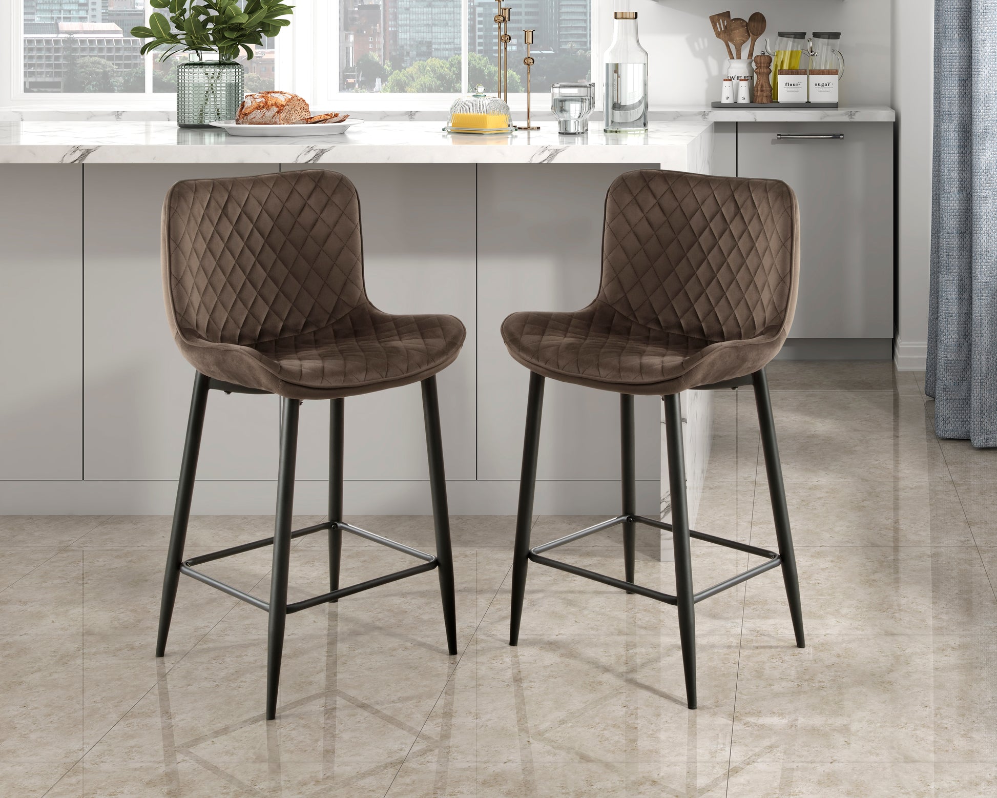 Set Of 2 Counter Height Chairs Brown Velvet Upholstery Modern Casual Dining Furniture Metal Legs, 24 Inch Seat Brown Metal