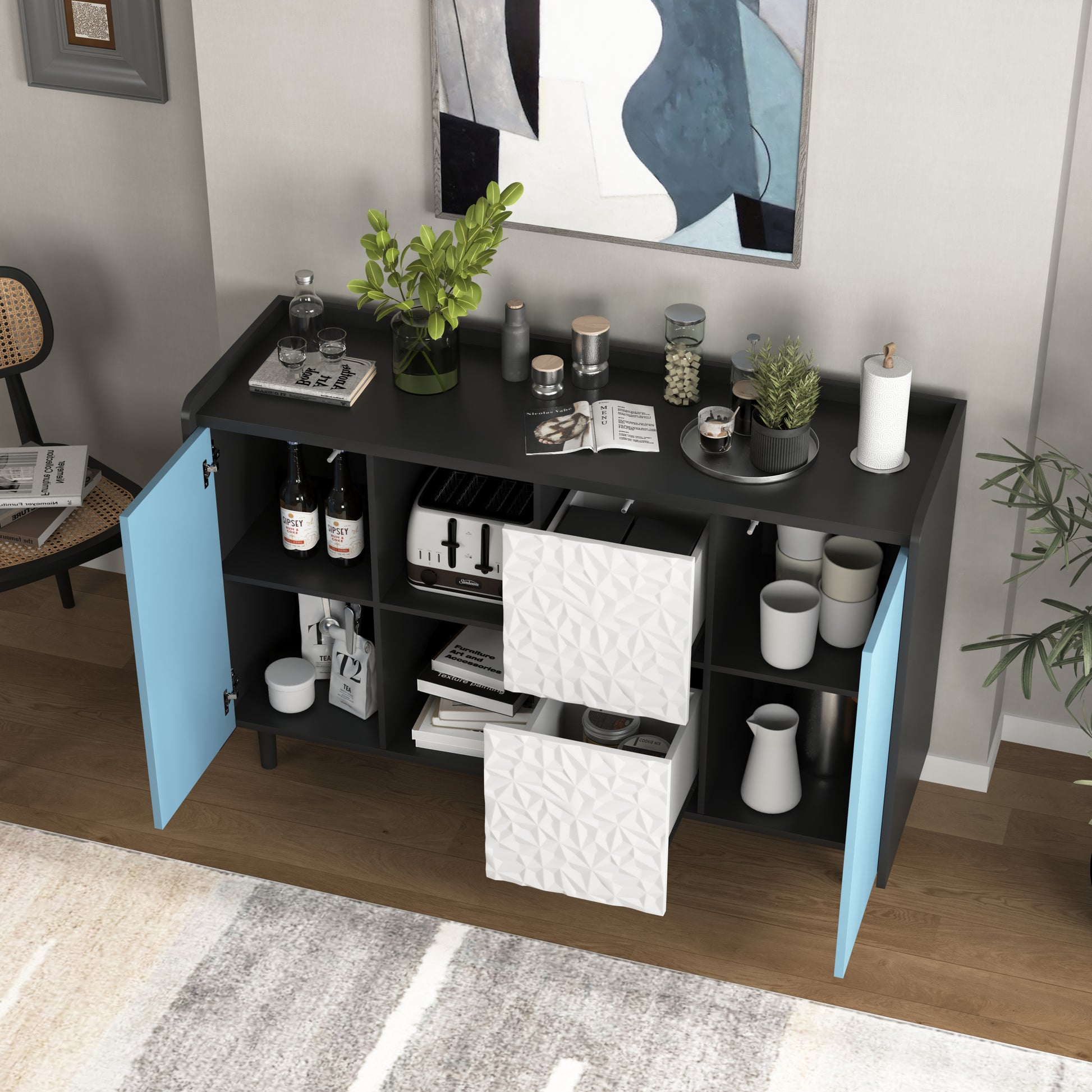 Sideboard Buffet Cabinet, Black Storage Cabinet With Blue Doors2 Drawers With Unique Panel Styling And 2 Open Storage Compartment, Modern Coffee Bar Cabinet Accent Cabinet For Kitchen, Dining Room Black Blue Mdf