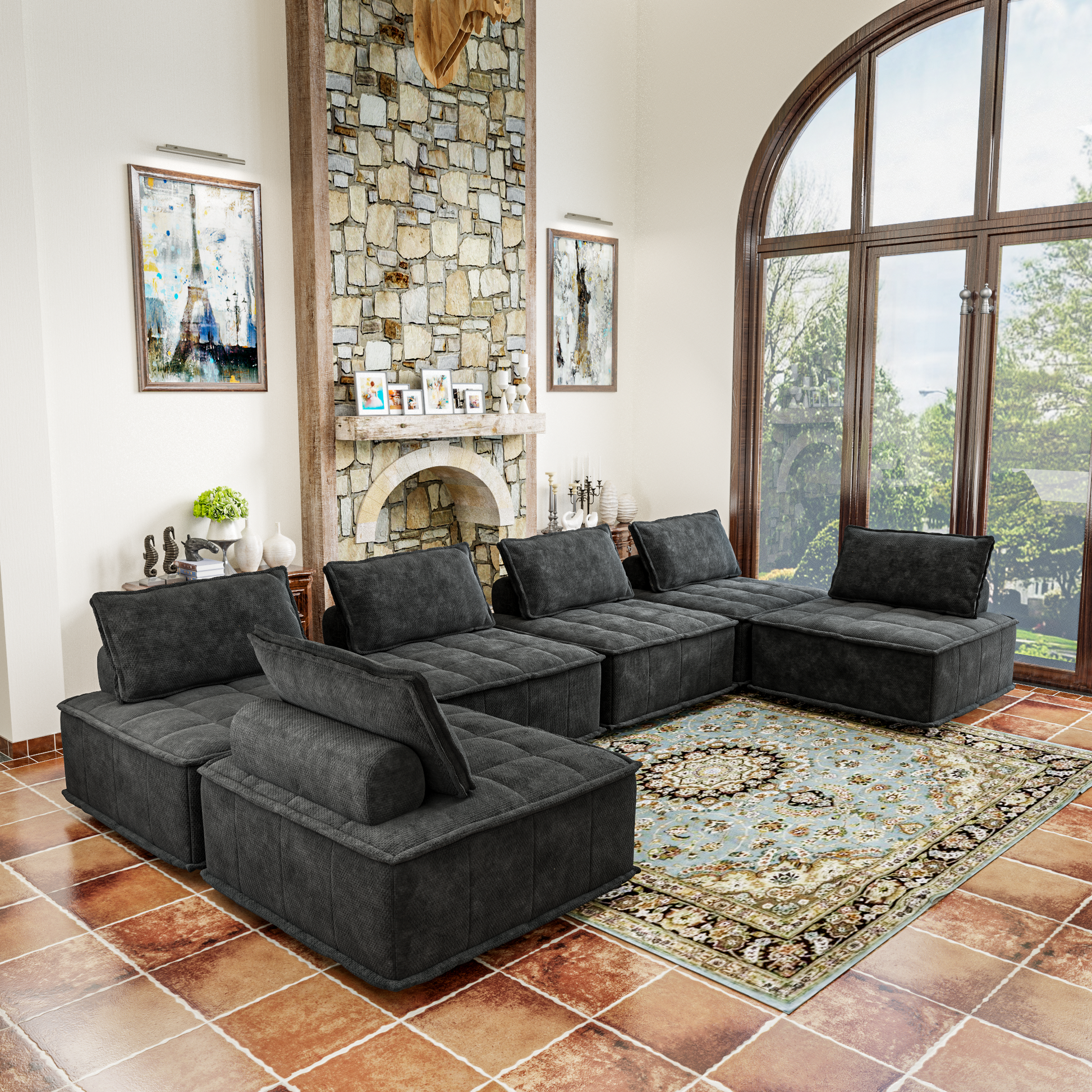 6 Piece Modular Sectional Couch, Oversized Sofa With Flexible Configuration, Ideal For Spacious Living Rooms, Entertainment Zones, And Open Spaces Black Color Black Chenille 6 Seat