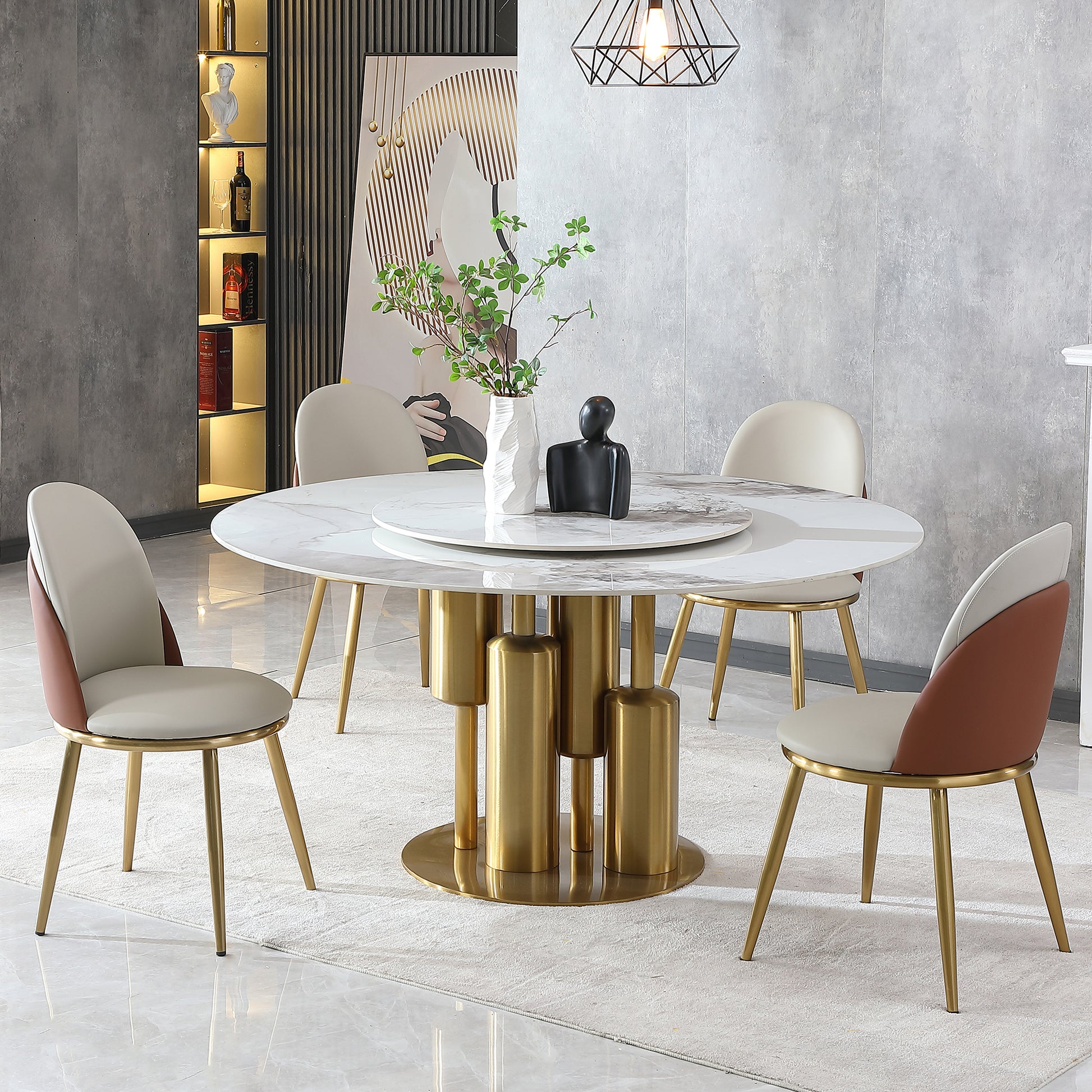 Modern Marble Dining Table, 59" Round Sintered Stone Table For Dining Room, Kitchen, Dinette, Compact Space With Lazy Susan 4 Chairs Gold,Gold White Dining Room American Design,Luxury Round