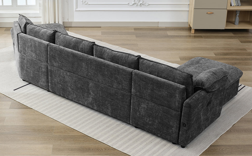 146.9" L Shaped Sofa Sectional Sofa Couch Pull Out Sofa Bed With A Movable Storage Ottoman, A Storage Chaise Lounge And Two Usb Ports For Living Room, Grey Grey Foam Linen 5 Seat