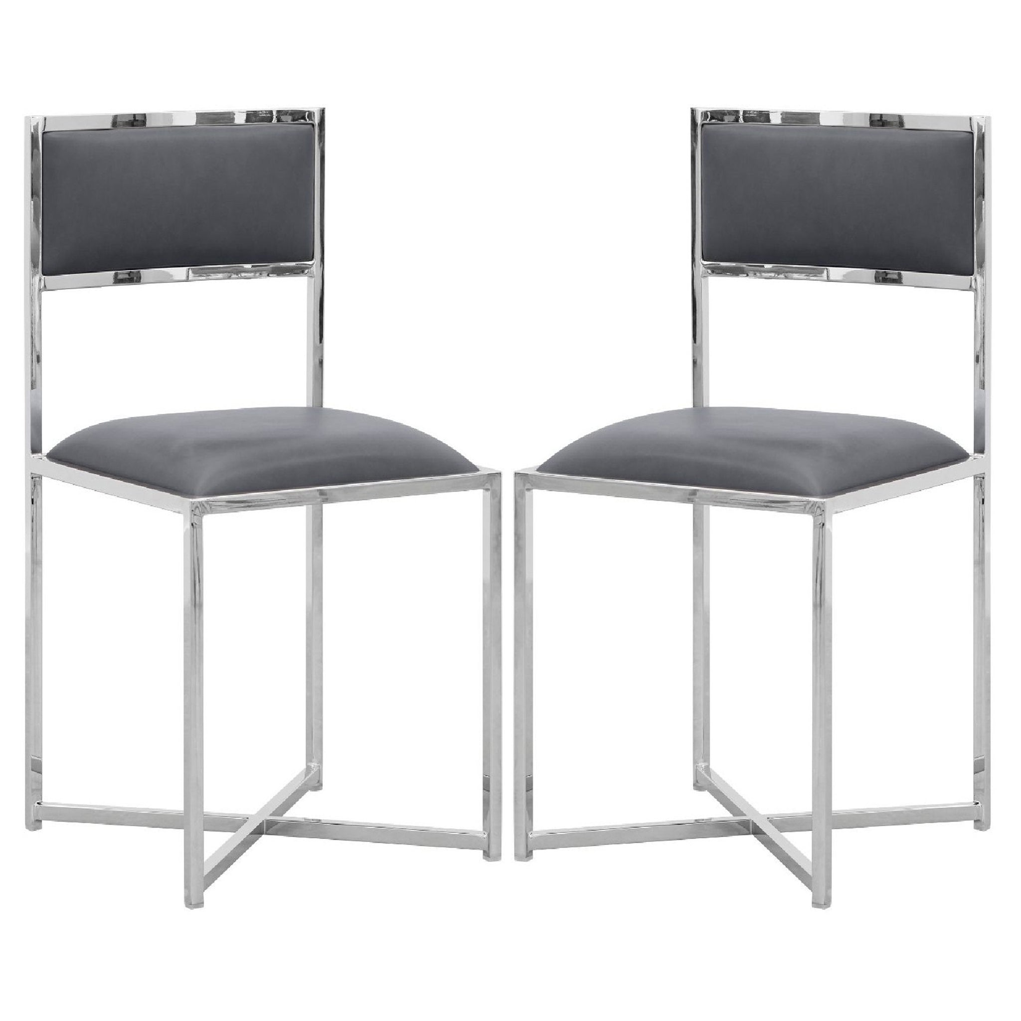 Eun 20 Inch Faux Leather Dining Chair, Chrome Base, Set Of 2, Dark Gray Gray Metal