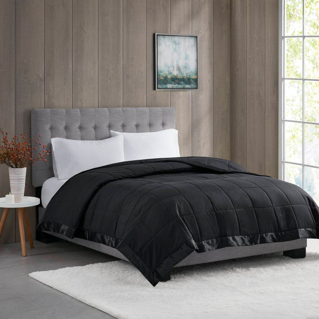 Lightweight Down Alternative Blanket With Satin Trim Black Twin Black Polyester