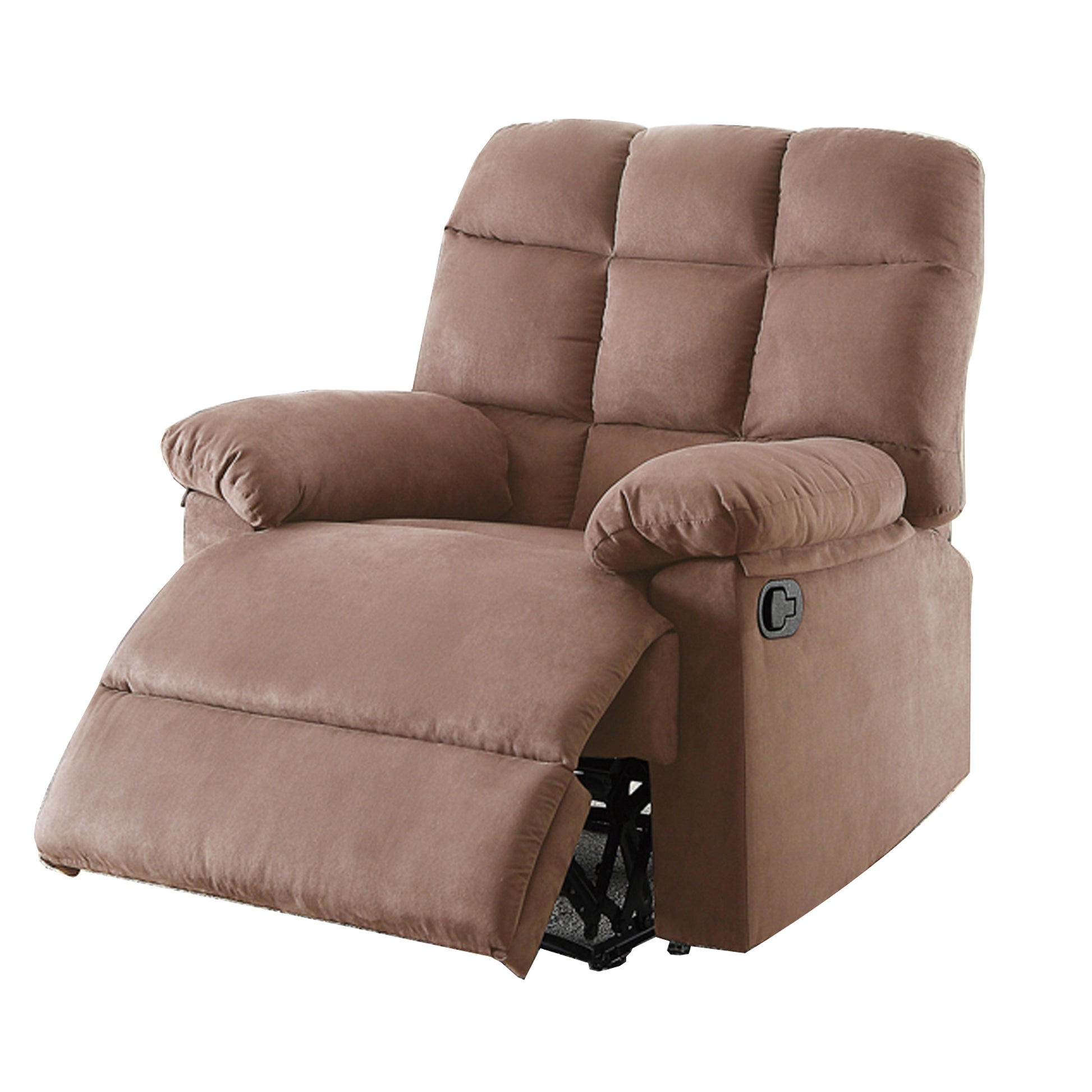 Plush Cushioned Recliner With Tufted Back And Roll Arms In Saddle Brown Brown Wood Metal