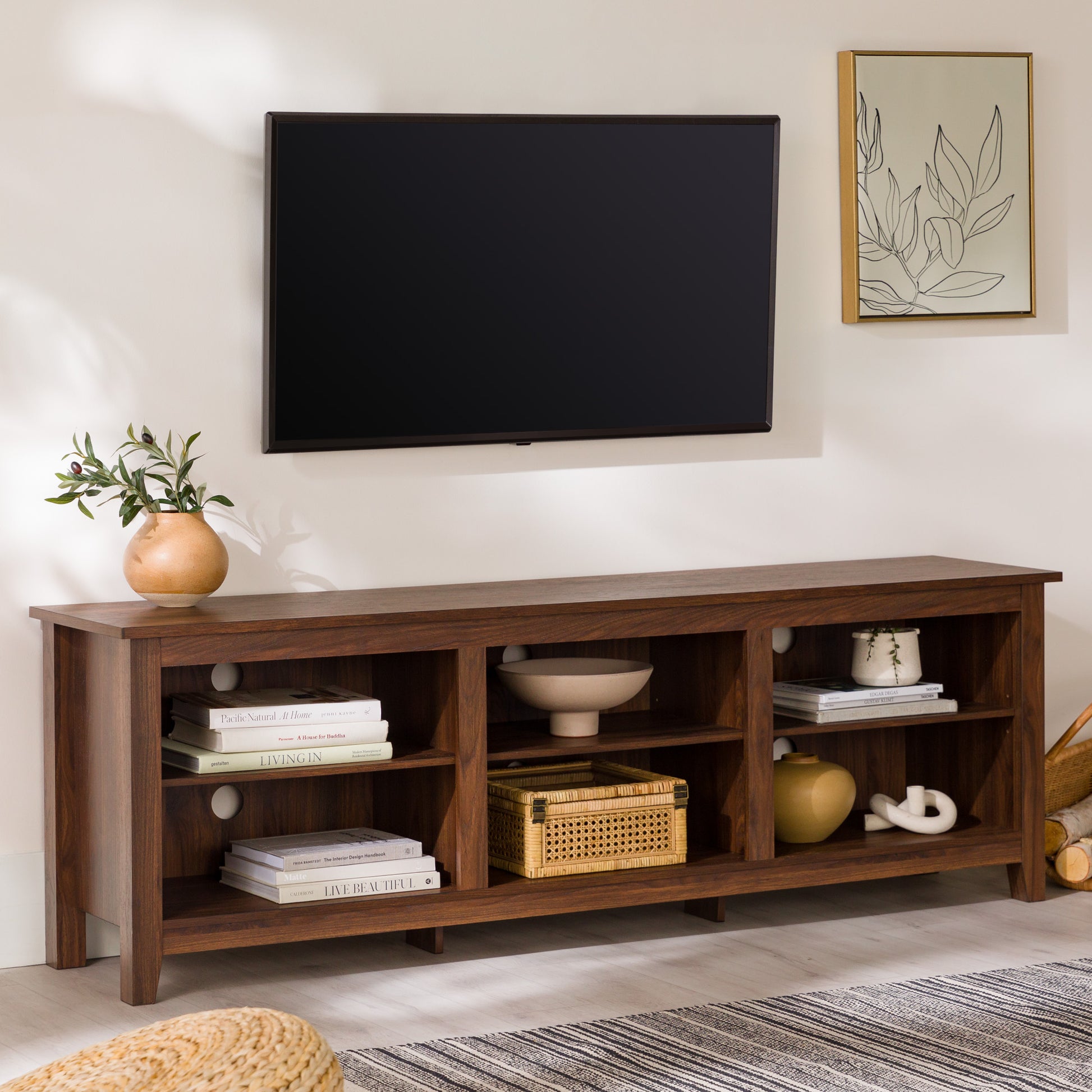 Modern Transitional 3 Shelf Open Storage 70" Tv Stand For 80" Tvs Dark Walnut Dark Brown Mdf