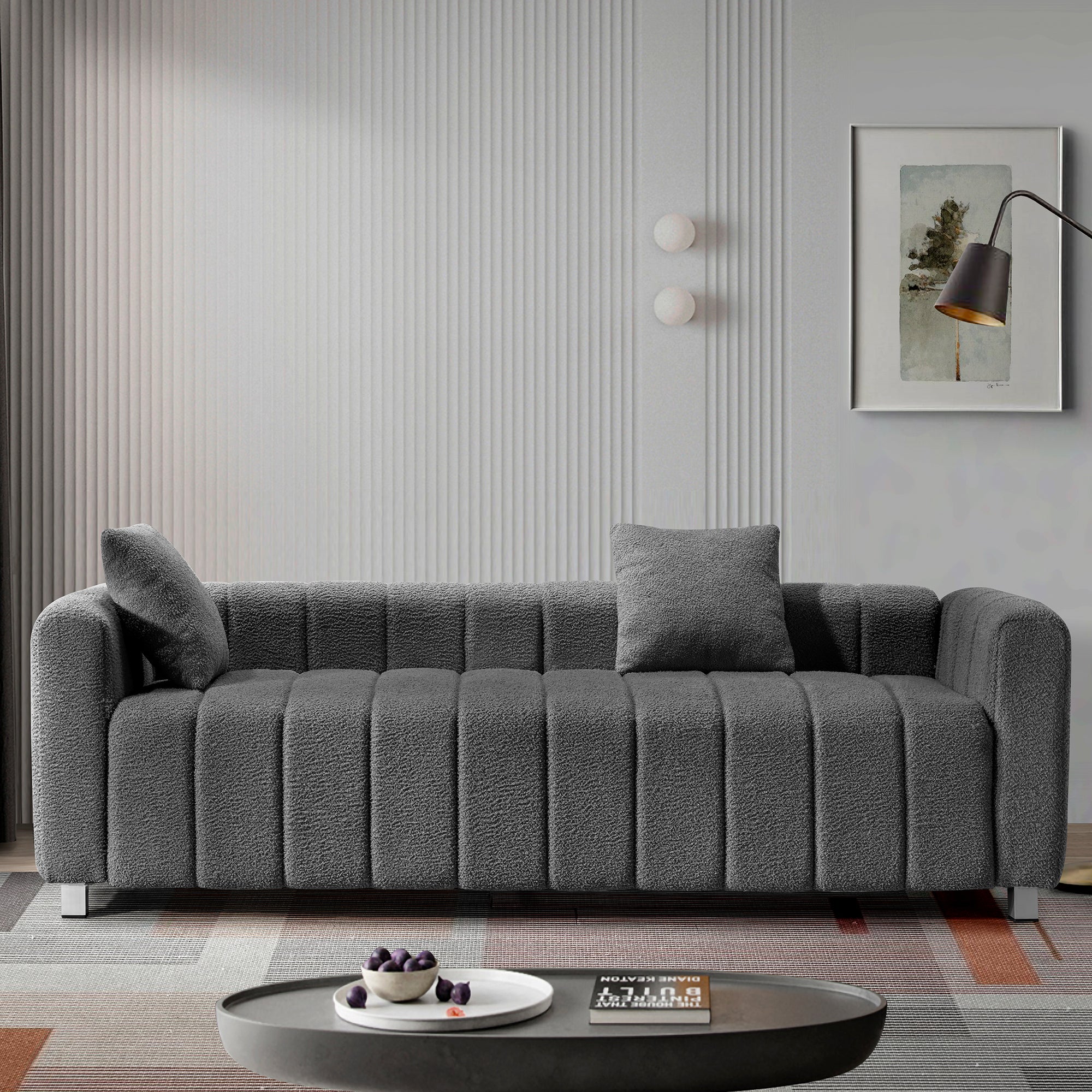 82*30" Modern Teddy Velvet Sofa,2 3 Seat Mid Century Indoor Couch, Exquisite Upholstered Loveseat With Striped Decoration For Living Room,Bedroom,Apartment,2 Colors 2 Pillows Gray Teddy