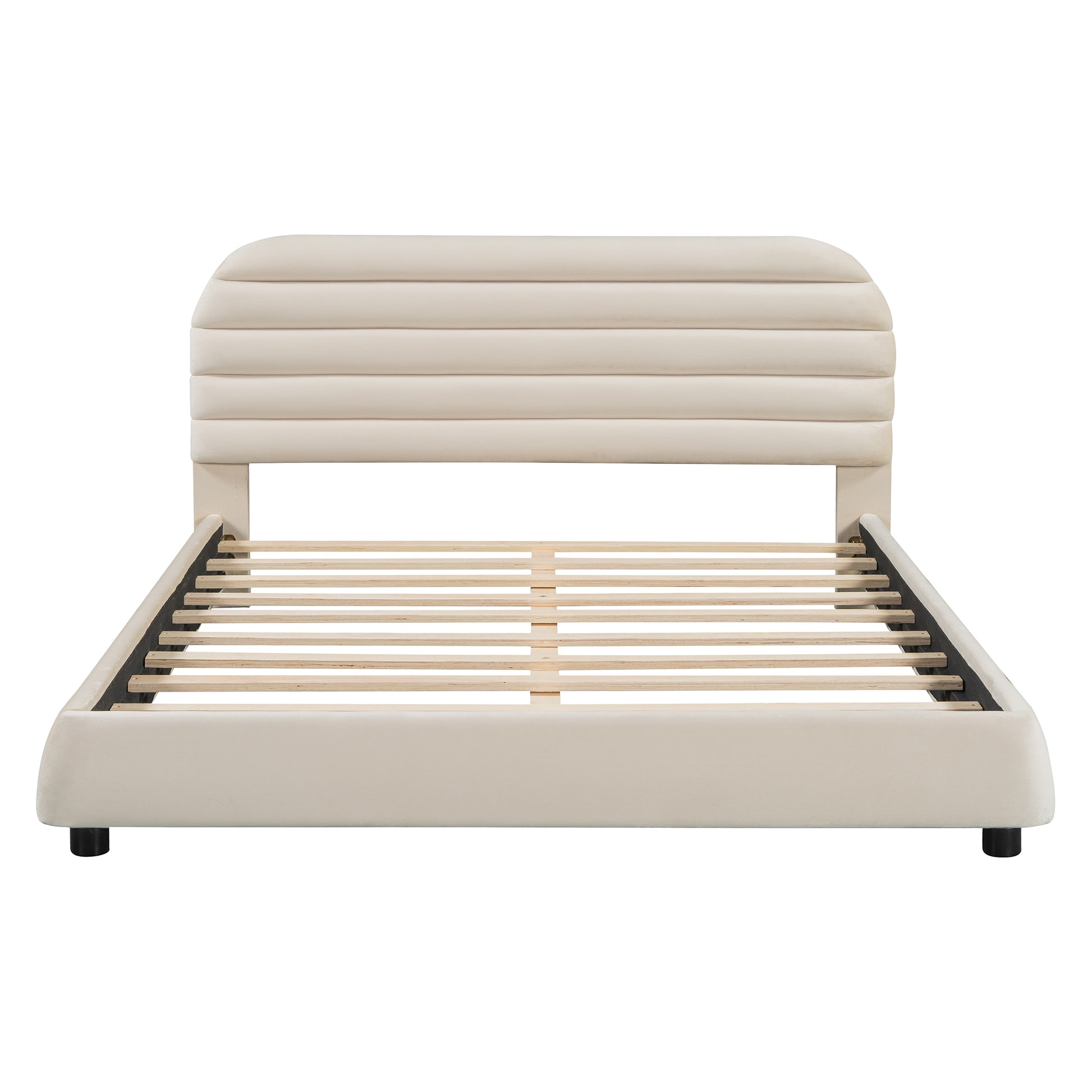 Queen Size Velvet Upholstered Platform Bed,Solid Frame And Stylish Curve Shaped Design, Beige Queen Beige Velvet