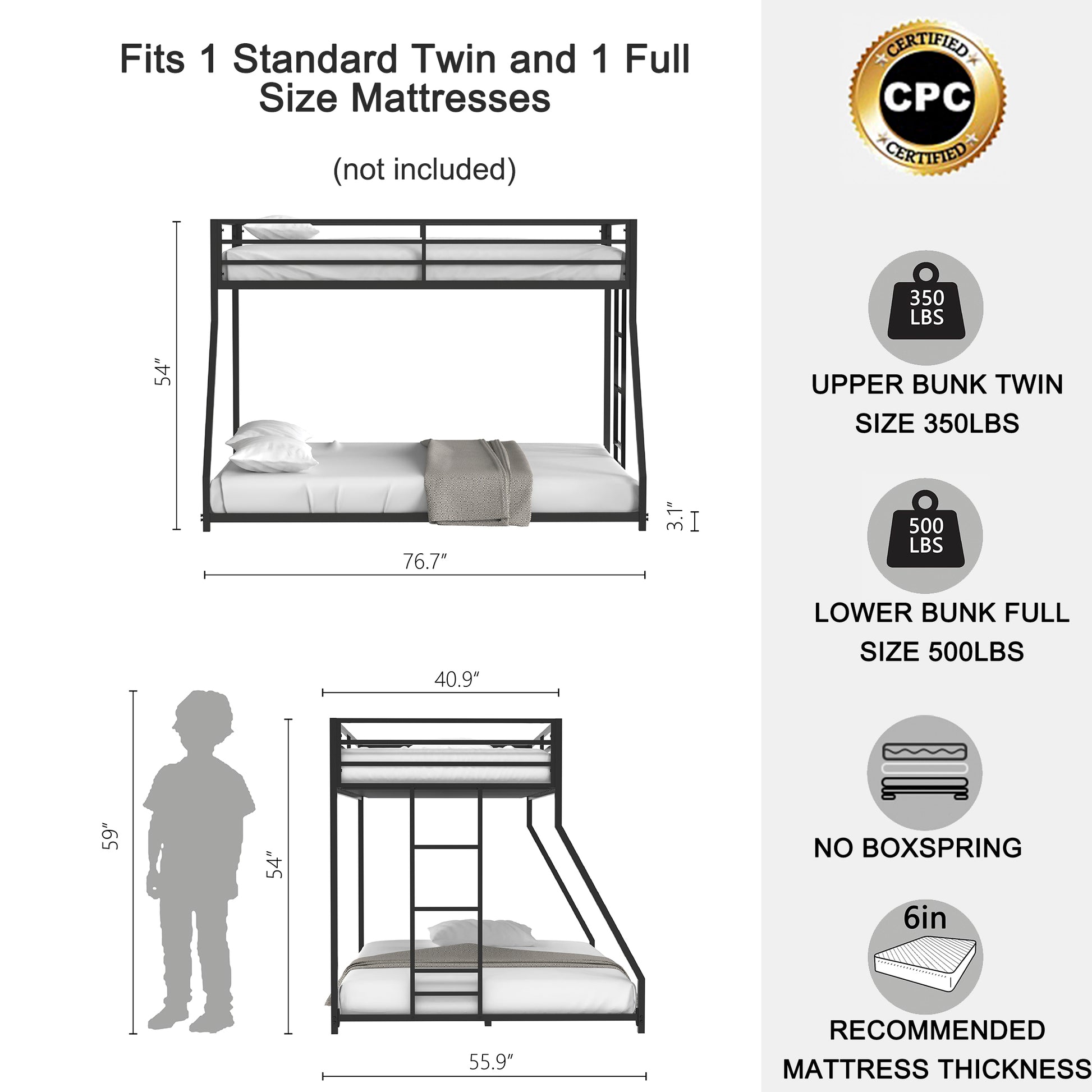 Adam Twin Over Full Metal Bunk, Black Full Box Spring Not Required Black Metal Bedroom Bunk Metal Metal