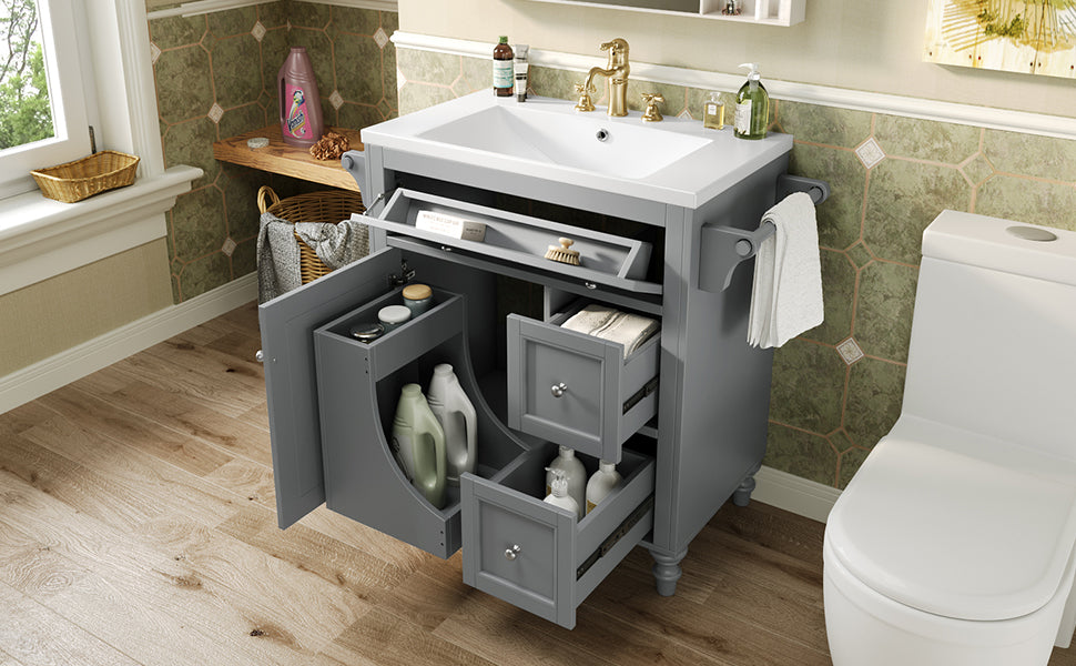 30'' Bathroom Vanity With Top Sink, Modern Bathroom Storage Cabinet With 2 Drawers And A Tip Out Drawer, Single Sink Bathroom Vanity Same As Sw000143Aae Grey Bathroom Modern Solid Wood Mdf Resin