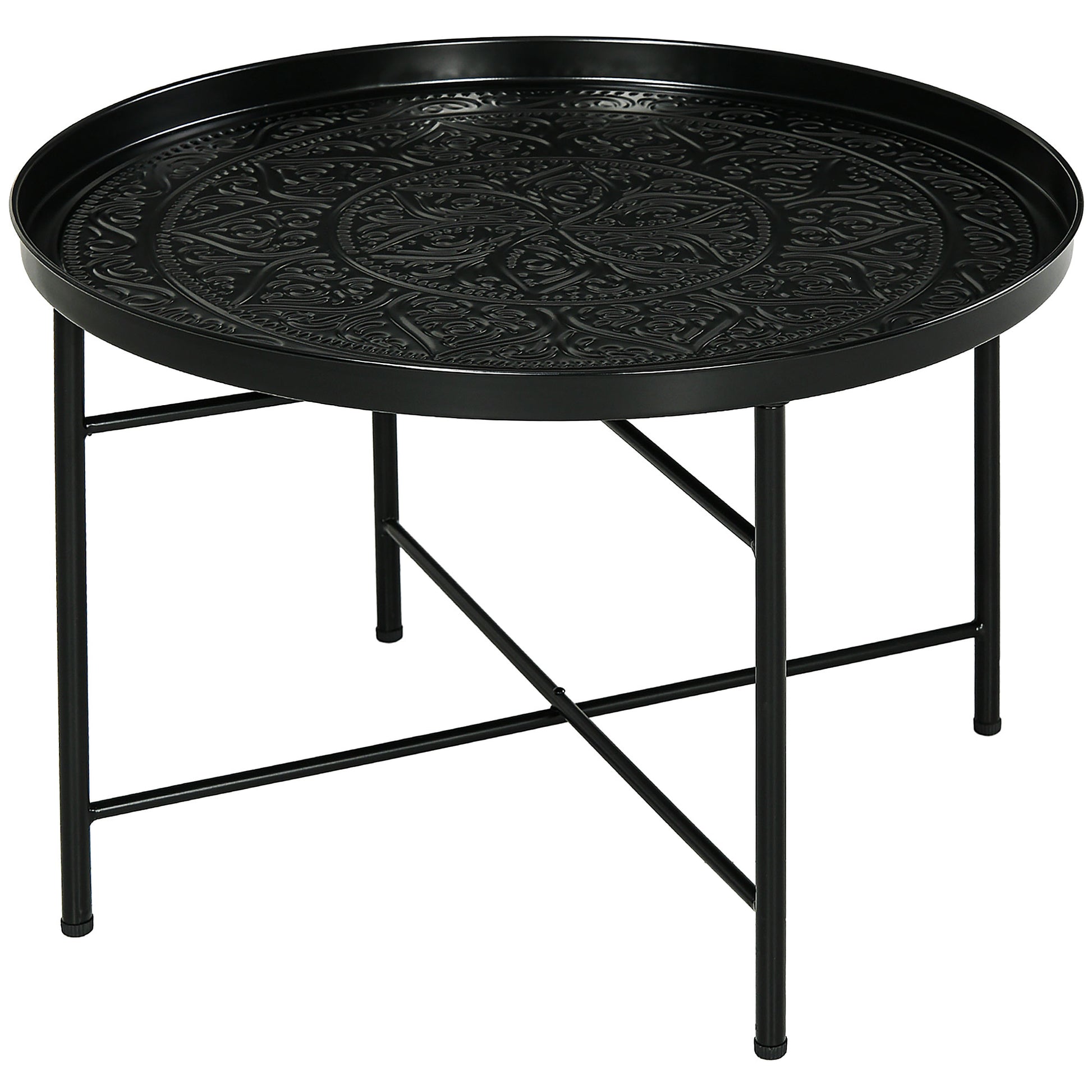 Homcom 24" Round Coffee Table With Hammered Tray Top, Vintage Metal Center Table For Living Room, Bedroom, Side Table, Black Black Metal