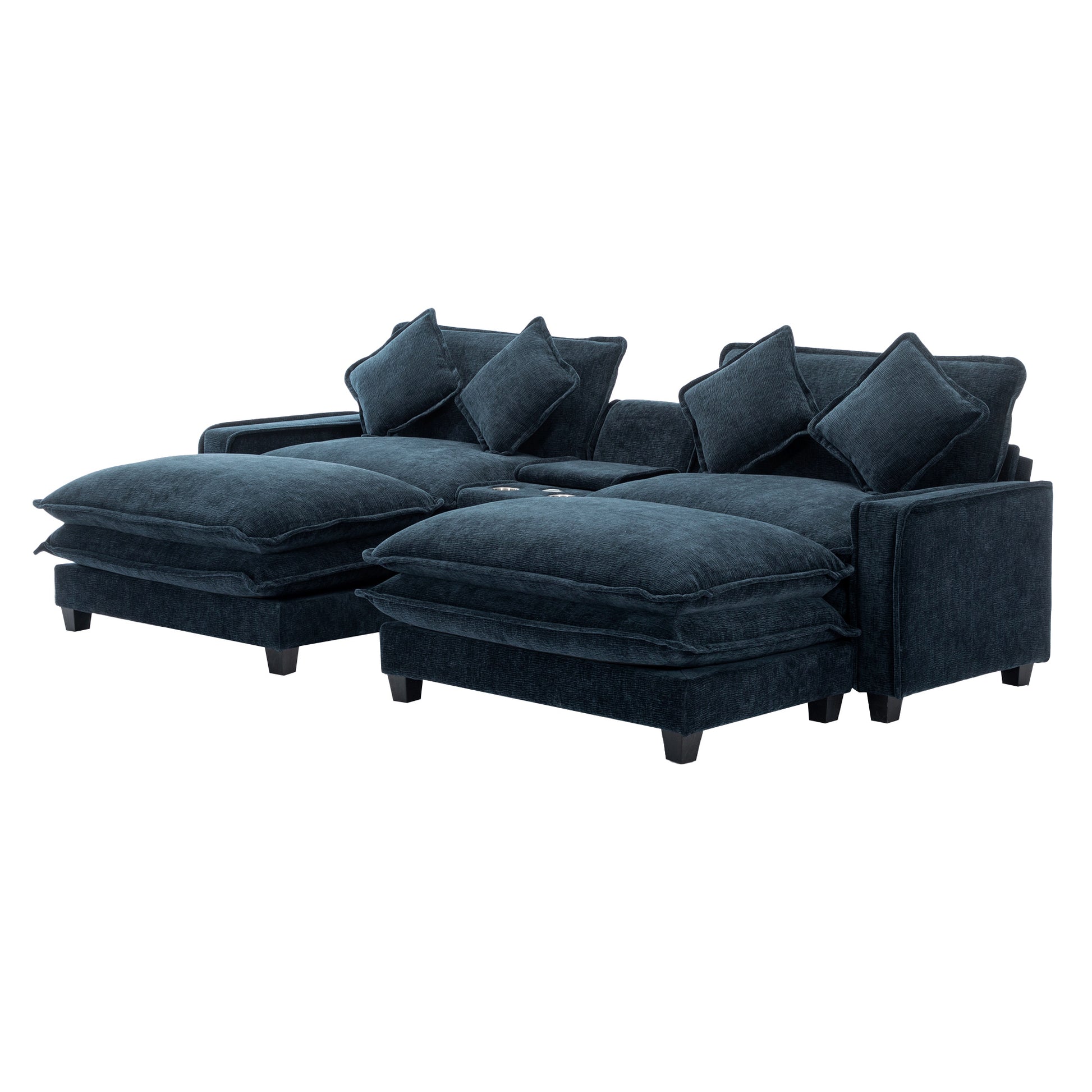 112.6" Sectional Sofa Chenille Upholstered Sofa With Two Removable Ottoman, Two Usb Ports, Two Cup Holders And Large Storage Box For Living Room, Blue Blue Foam Chenille 2 Seat