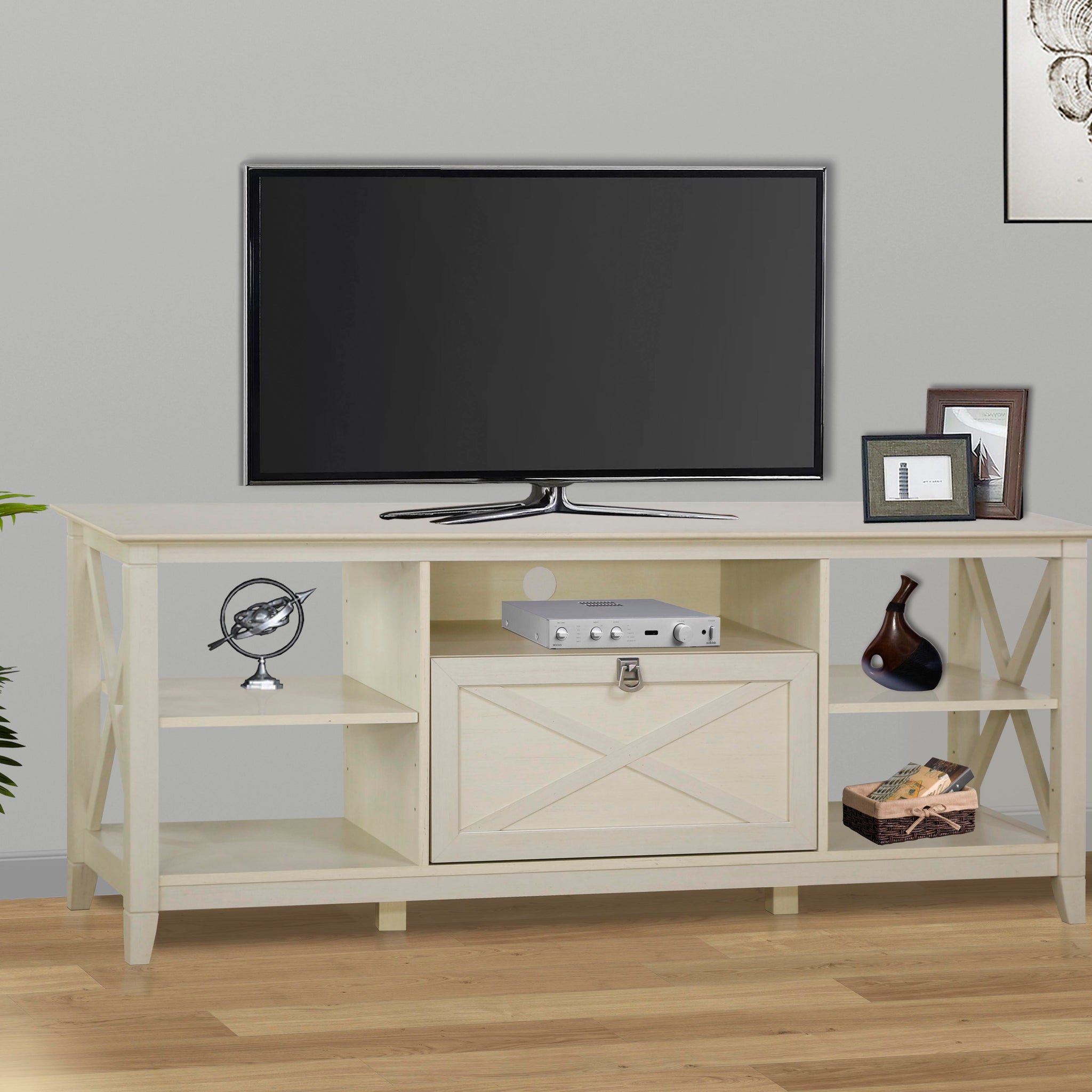 Tv Stand "Chic Antique White Tv Stand Media Console With Storage Elegant Entertainment Center With Open Shelves And Drawers" White 70 79 Inches Solid Wood