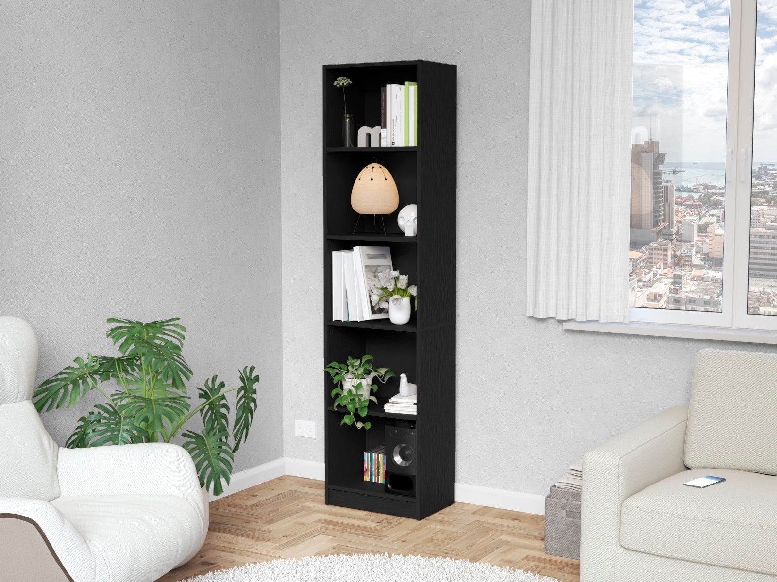 Sutton Slim Bookcase With Modern 5 Shelf Design -