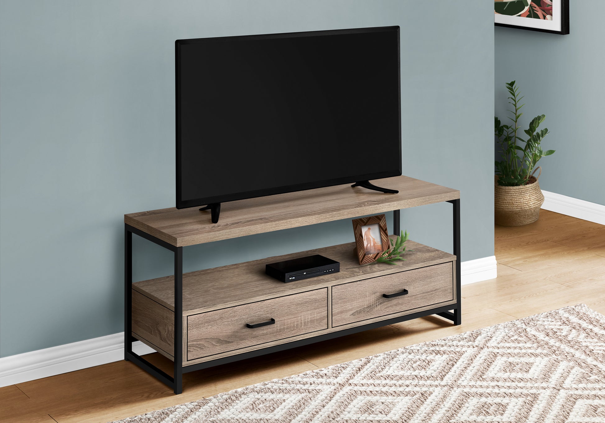 Tv Stand, 48 Inch, Console, Media Entertainment Center, Storage Drawers, Living Room, Bedroom, Brown Laminate, Black Metal, Contemporary, Modern Taupe 70 79 Inches Particle Board