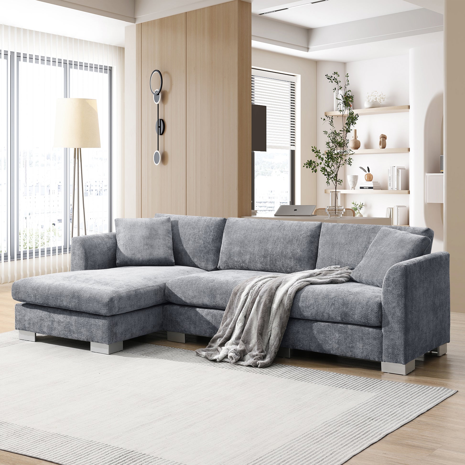 96*56" Modern Cloud Sectional Sofa,L Shaped Luxury Couch Set With 2 Free Pillows,4 Seat Chenille Indoor Furniture With Oversized Chaise For Living Room,Apartment,Office,3 Colors Gray Chenille 4 Seat