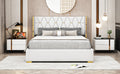 Queen Size Upholstered Platform Bed With Metal Strips, Off White Queen Off White Pu