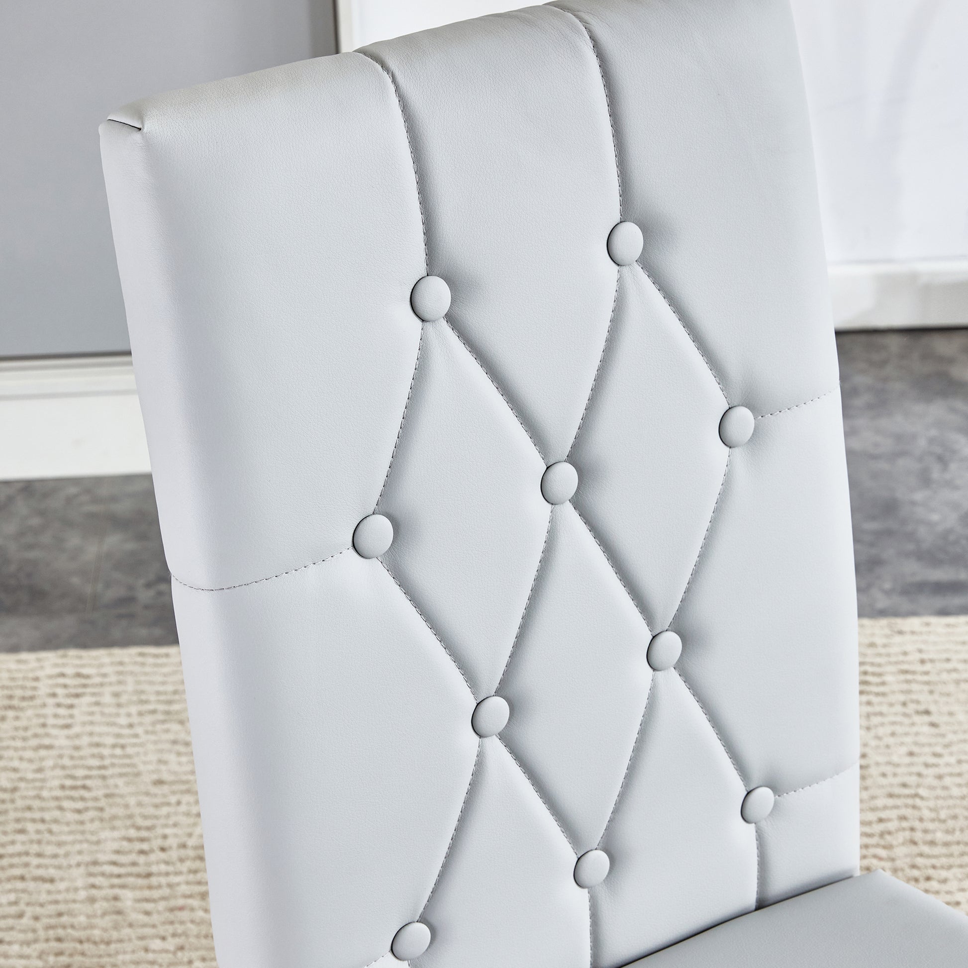 Table And Chair Set, Modern Dining Table, Tempered Glass Tabletop And Silver Colored Leg Table, Soft And Comfortable Dining Chair, Perfect For Dinner, Meetings, Home And Office Decor Gray Seats 4 Glass