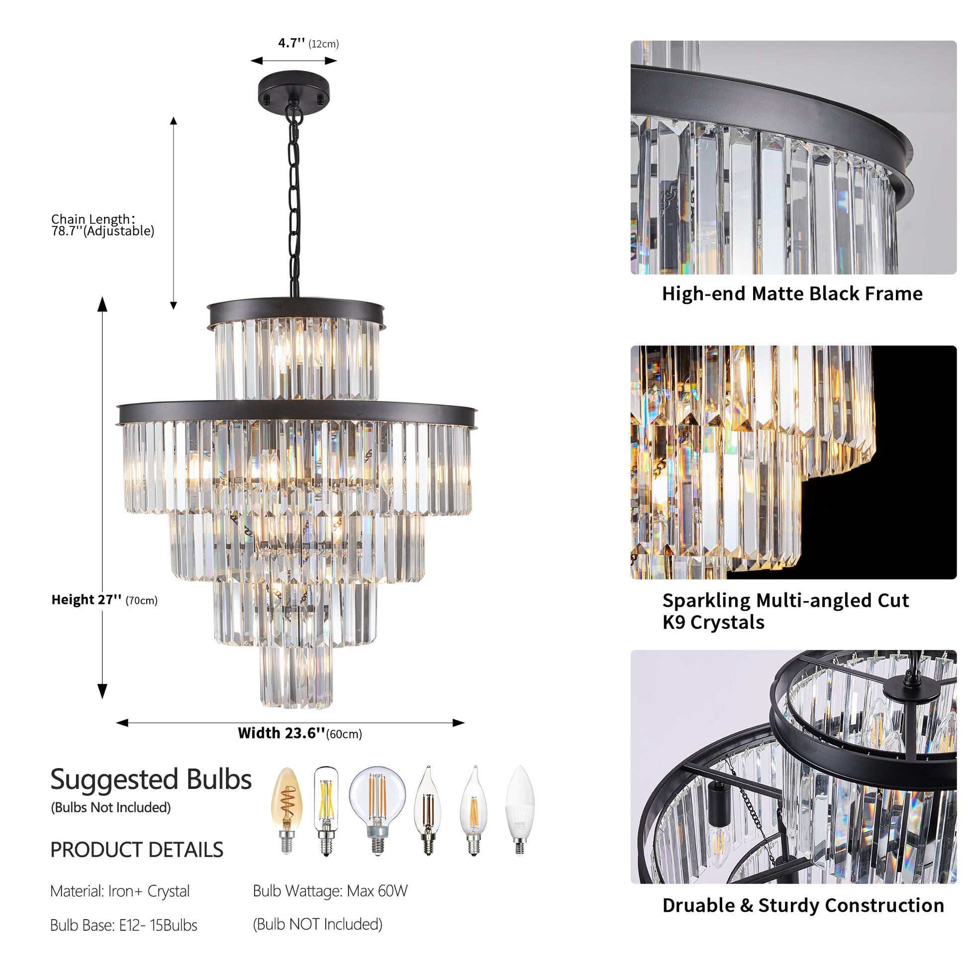 Black Luxury Crystal Chandelier Modern Chandeliers Lights Fixture Hanging Pendant Light Fixture For Dining Room Bedroom Living Room Dia 23.6 Inch Black Black Crystal Iron