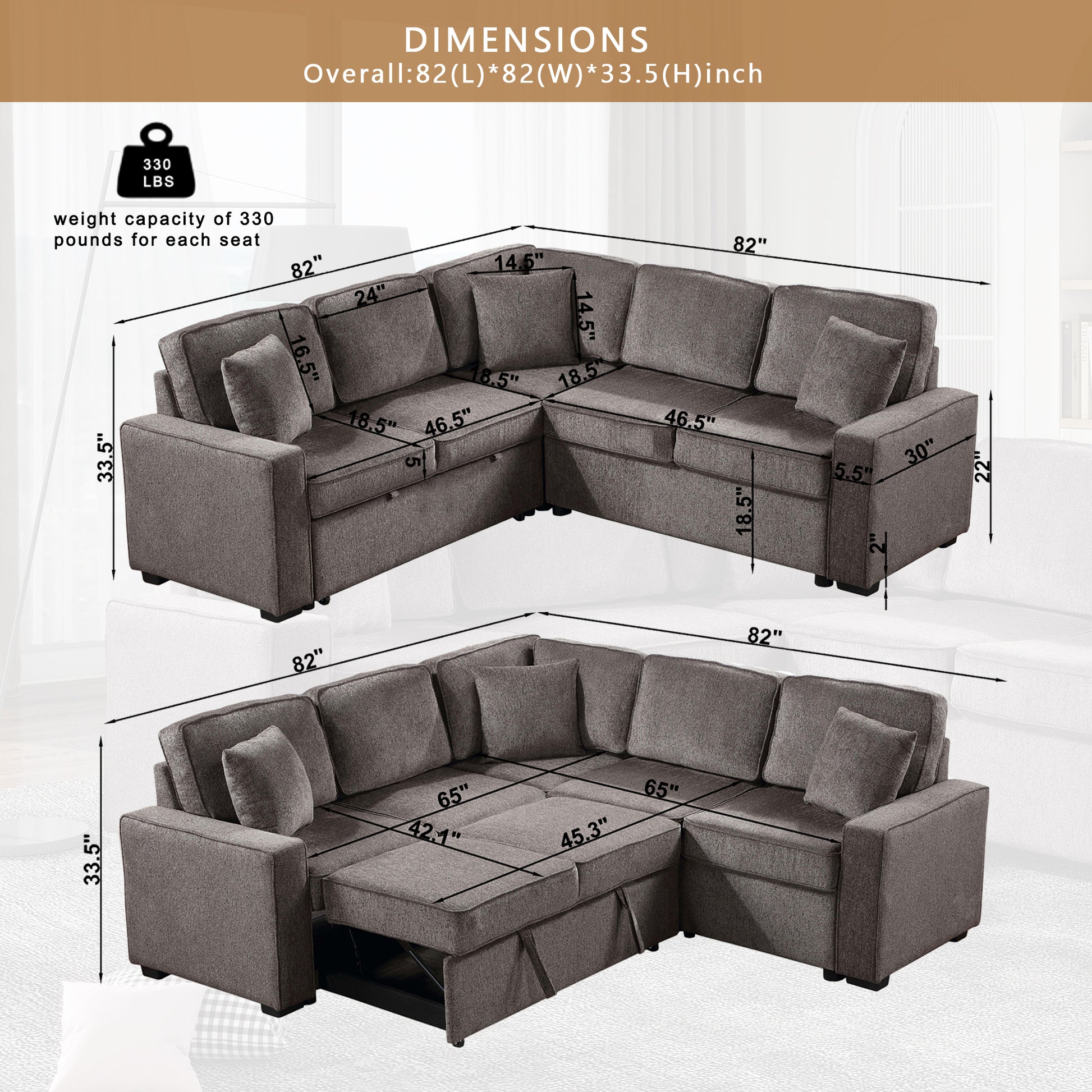 Modular Sofa, Sectional Couch L Shaped Sofa Couch With Pullout Sleeper, 5 Seat Chenille Corner Sofa For Living Room, 3 Pillows Included, Light Brown Light Brown Chenille Foam Plywood 5 Seat