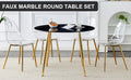 1 Table And 4 Chairs, A Modern Minimalist Circular Dining Table With A 40 Inch Black Imitation Marble Tabletop And Gold Plated Metal Legs, And 4 Modern Gold Plated Metal Leg Chairs. Black Gold Seats 4 Glass