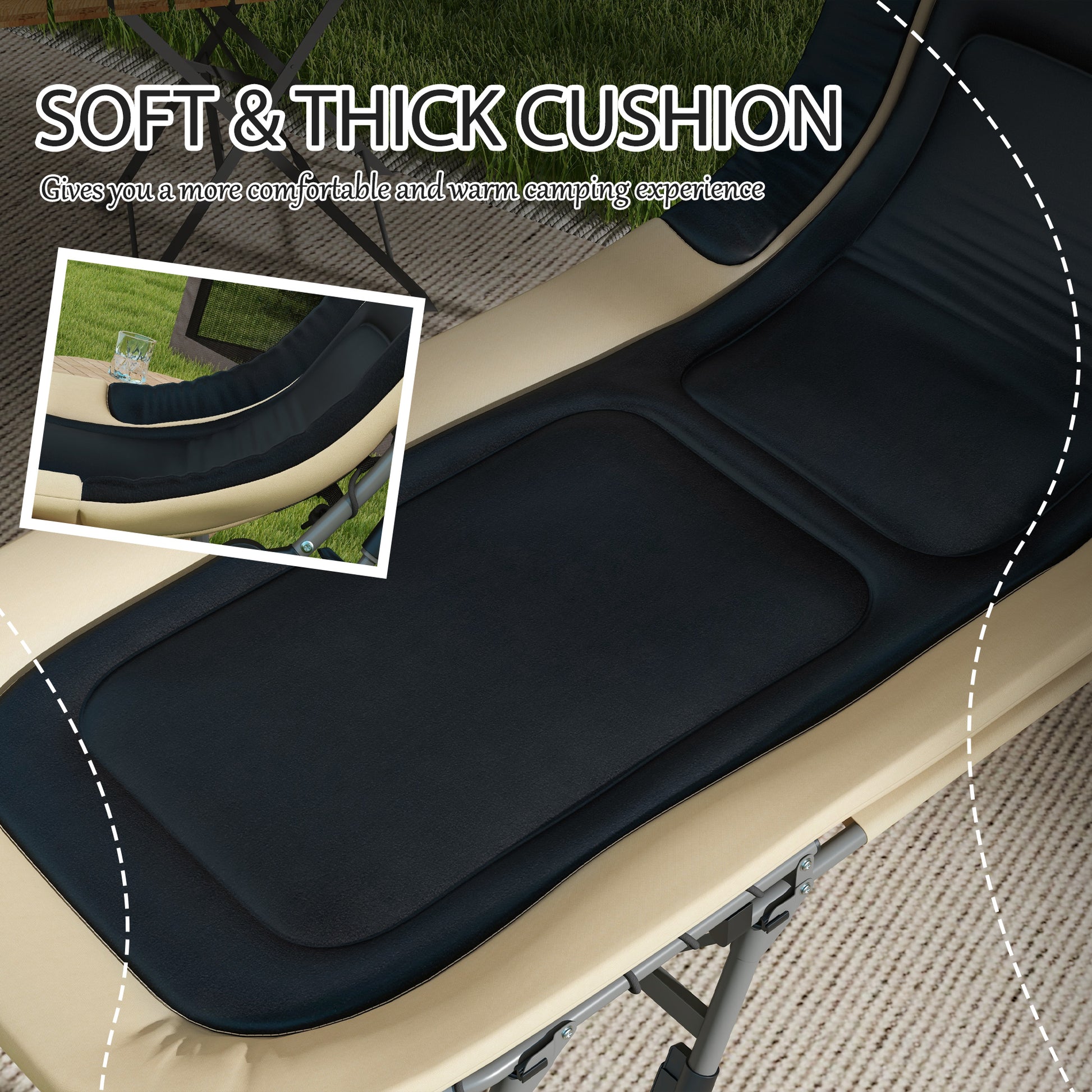 Outsunny Camping Cot For Adults, Folding Bed With Soft Padded Cushions & Headrest, 180 Adjustable Reclining Lounger, Heavy Duty And Portable With A 400 Lbs. Capacity, Cream White Cream White Oxford Fabric