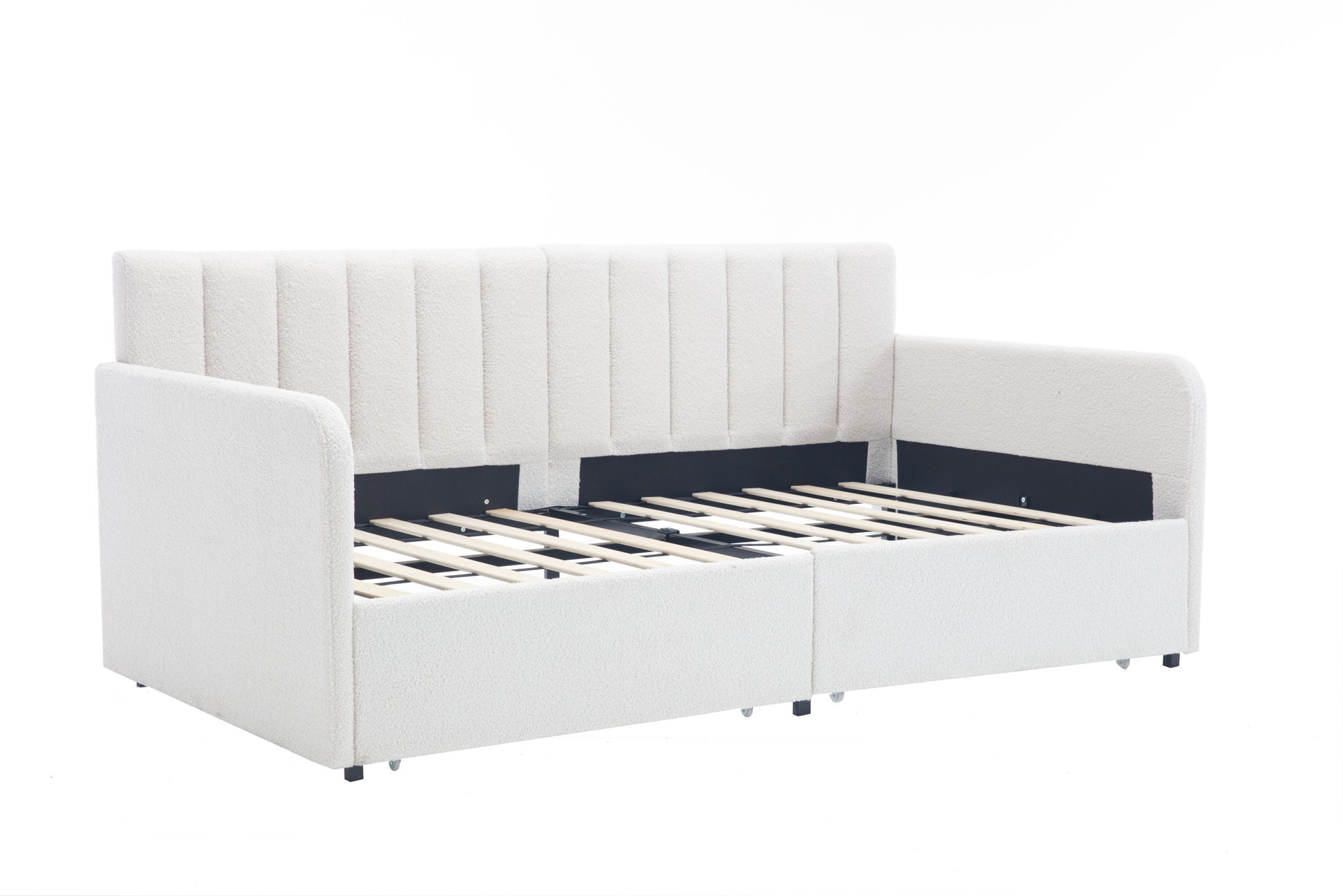 Flora Upholstered Daybed With 2 Drawers, Twin, Ivory Boucle, Ribbed Tufted Backrest, Daybed In Lavish Modern Design Box Spring Not Required Twin Ivory Metal Bedroom Classic,Contemporary,Minimalist,Traditional,Transitional Upholstered Upholstered