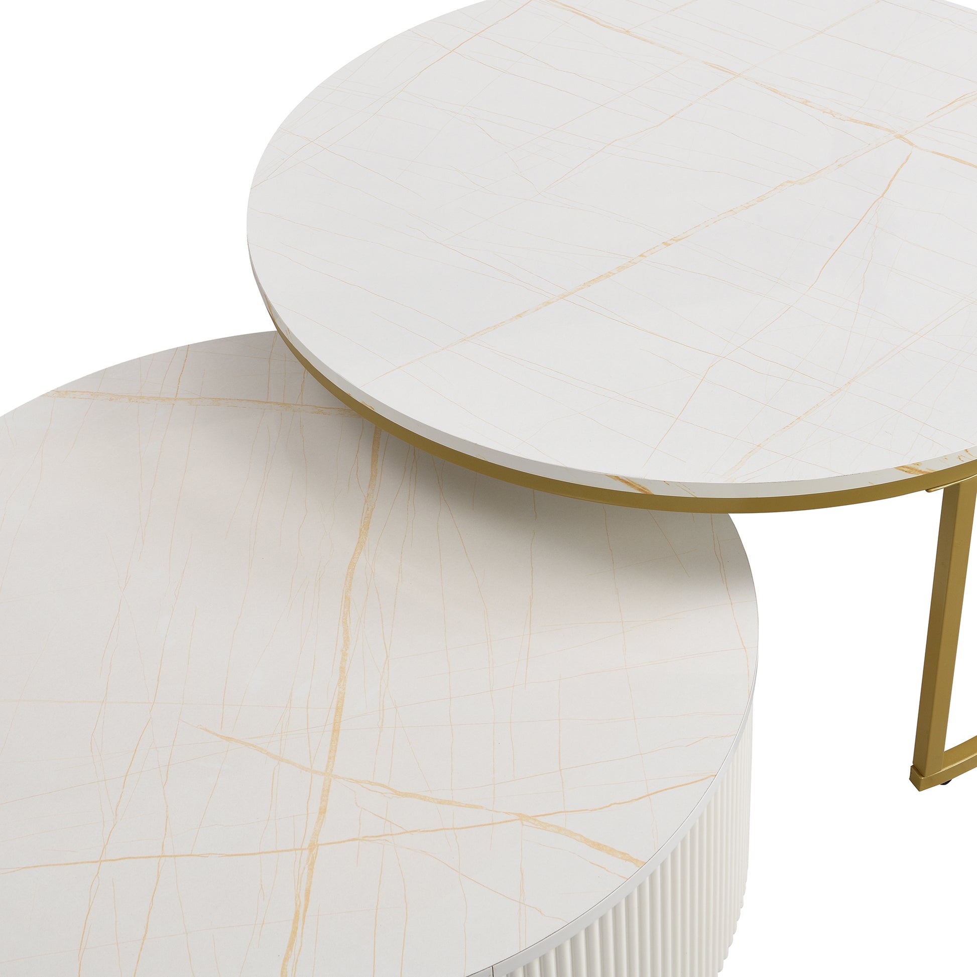 Modern Round Nesting Coffee Table Fluted With Drawer In White & Gold In 31.5'' Golden White Drawers Coffee & End Tables Glossy Round Metal Mdf Pedestal