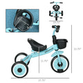 Qaba Kids Tricycle For Toddlers Age 2 5 With Adjustable Seat, Toddler Bike For Children With Basket, Bell, Handlebar Grips, Blue Blue Metal
