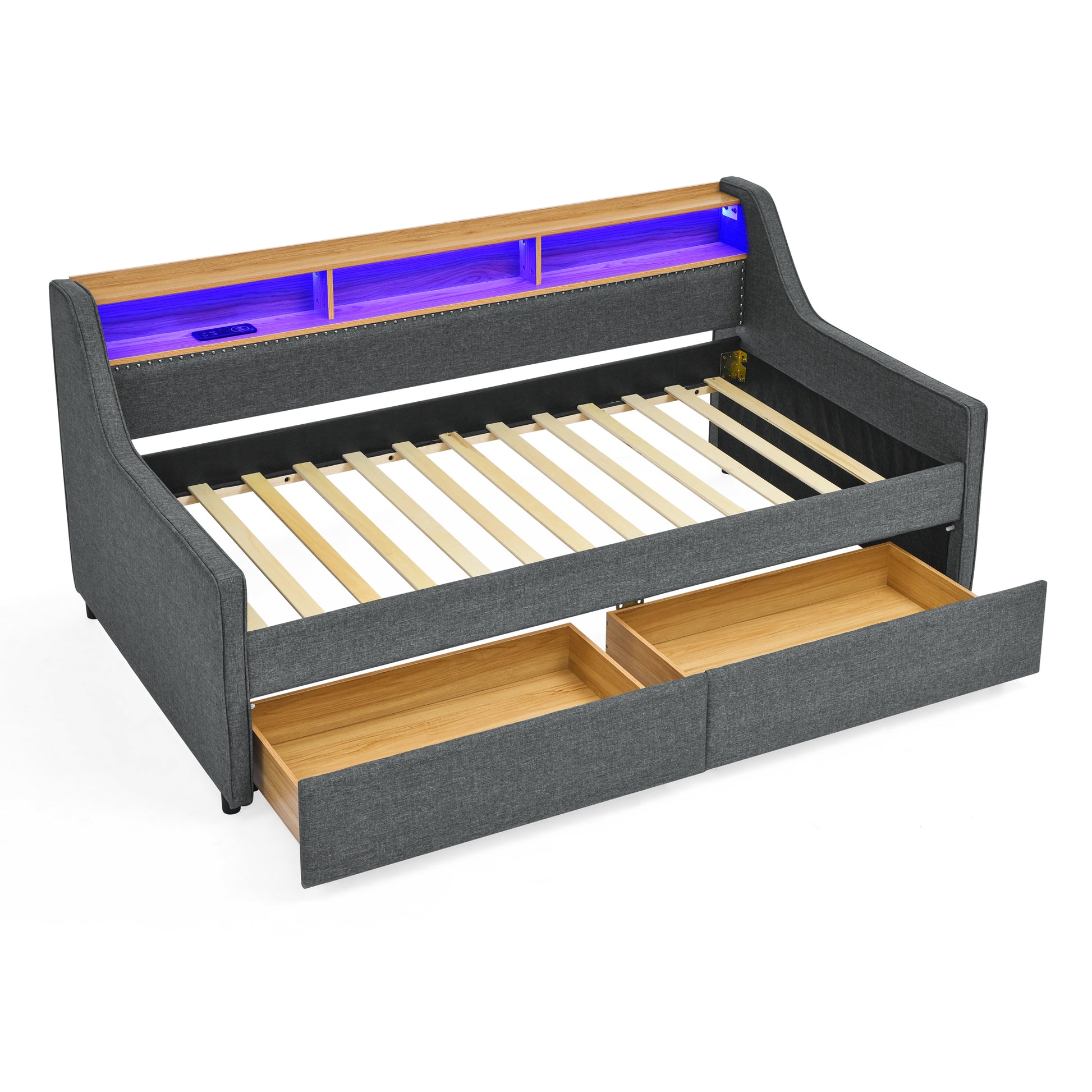 Twin Size Upholstery Sofa Bed With Three Led Lights, With Storage Adjustable Headboard, With Two Storage Pull Up Drawers And Wireless Charging, Linen Padded Sofa Bed Frame, Grey Box Spring Not Required Twin Grey Composite Bedroom Classic Eucalyptus Foam