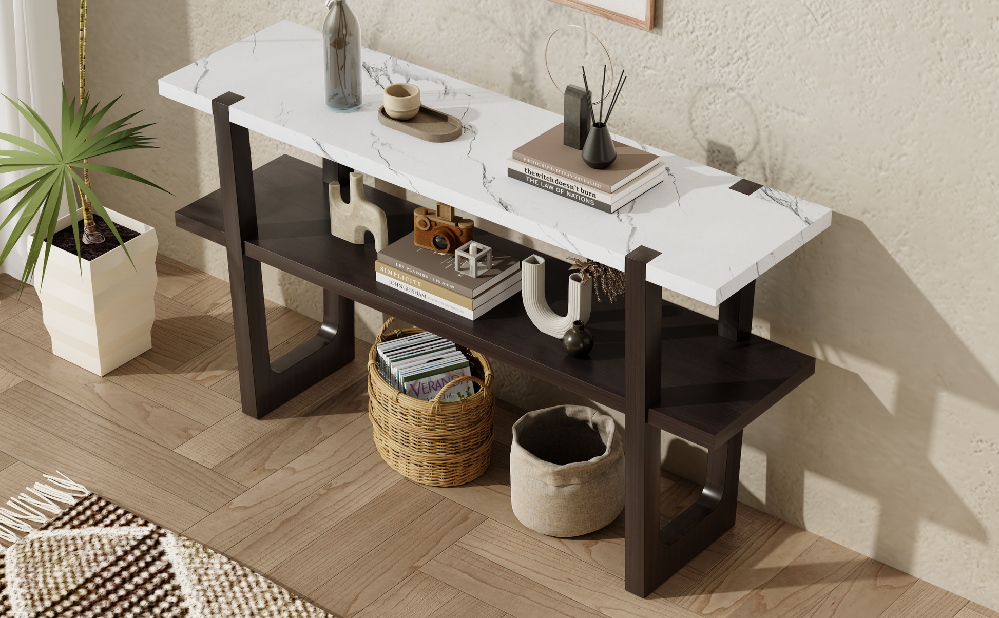 Retro Elegant Console Table With Marble Effect Top And Versatile Storage Solutions For Entryway And Living Room Espresso Espresso Solid Wood Mdf