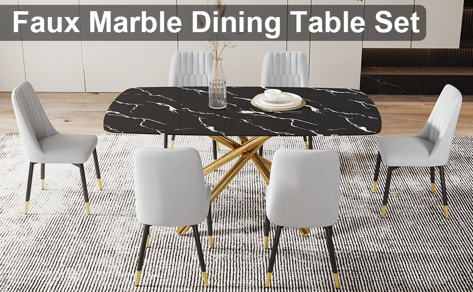 Large Modern Minimalist Rectangular Dining Table With 0.39 "Imitation Marble Black Tabletop And Golden Metal Legs, Paired With Chairs With Pu Cushions And Black Metal Legs. F 1537 C 007 Black Gold Glass Metal