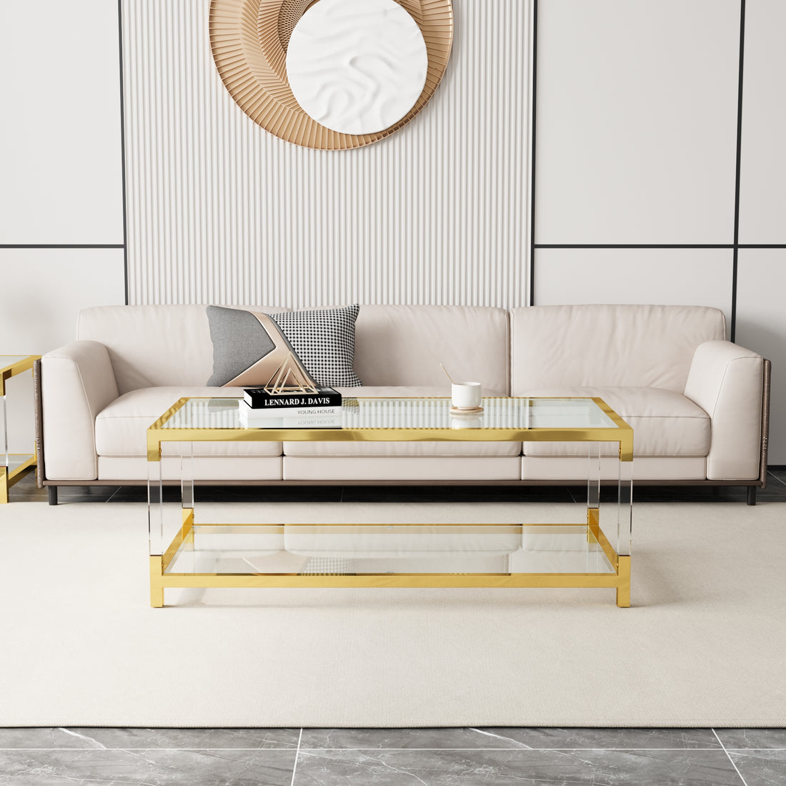Modern Minimalist Style Gold Metal Frame With Acrylic Leg Coffee Table Cs 1195 Golden,Transparent Glass Acrylic