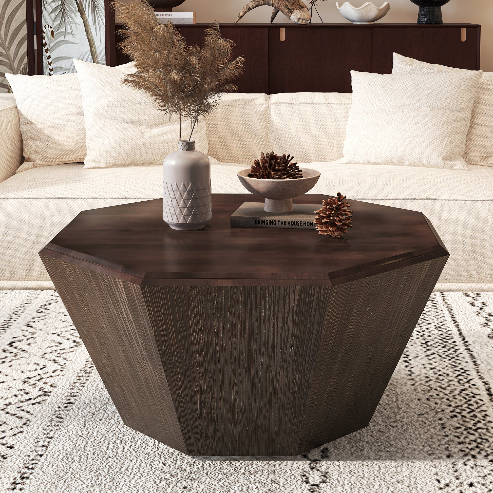 31.5 "Octagonal Black Walnut Rubber Wood Coffee Table, Coffee Table, Living Room Bedroom Walnut Rubber Wood