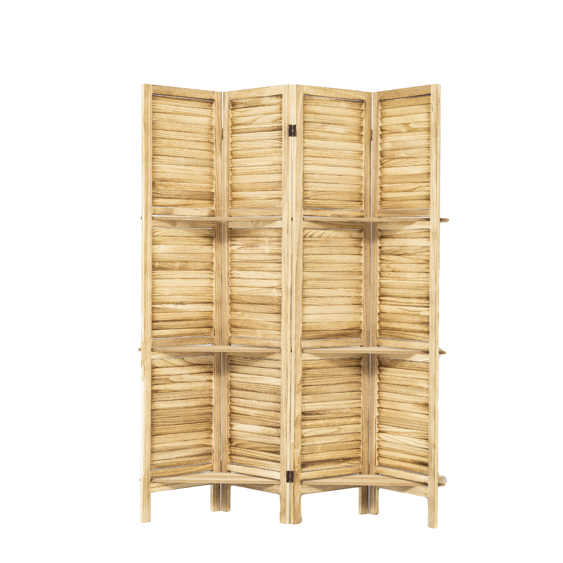 4 Panel Wood Room Divider Screen With Shelves Freestanding Partition With Display Shelves Natural Color Natural Wood Modern Wood