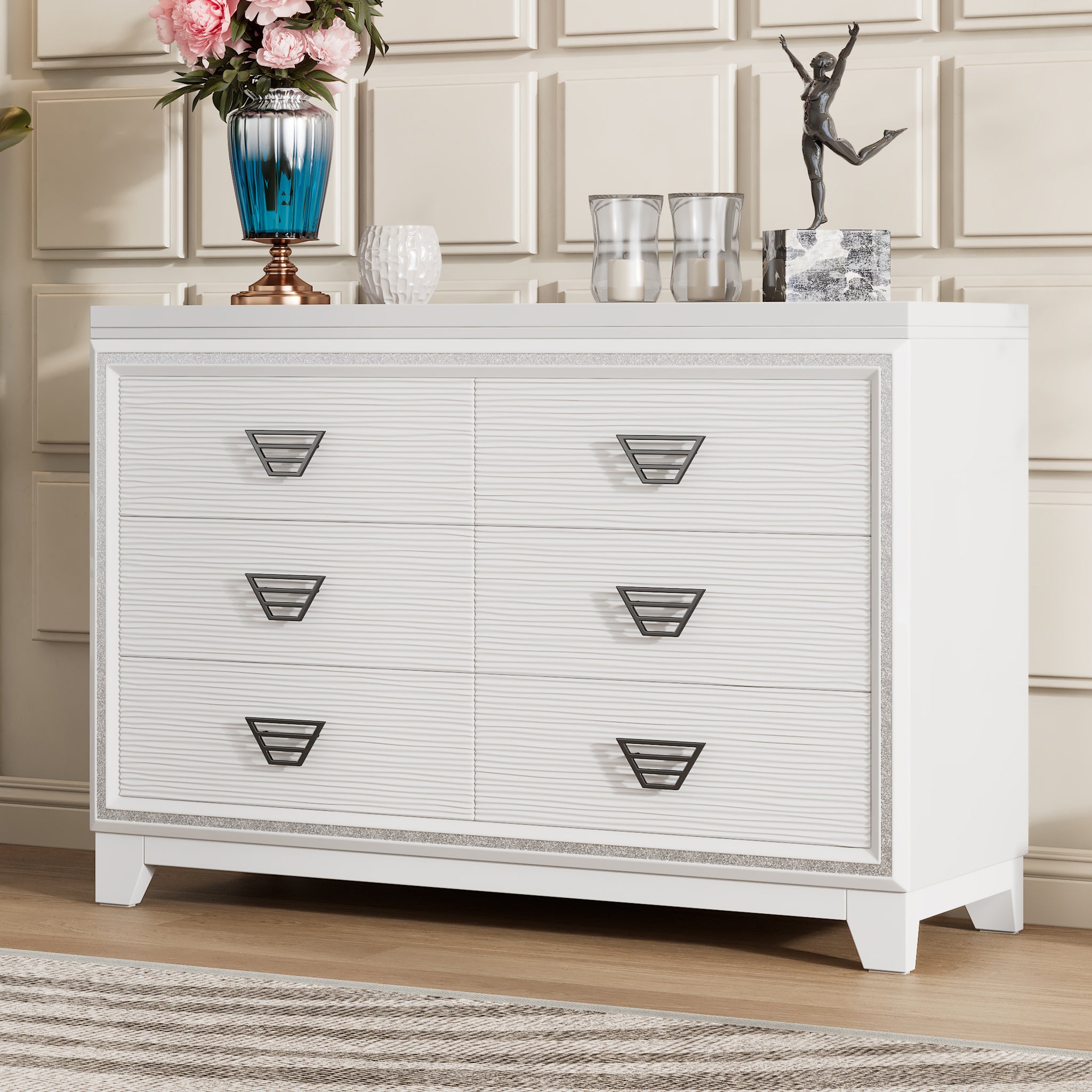 Elegant Dresser With Metal Handle And Sparkling Shiny Decoration, Stor Elegant Dresser With Metal Handle And Sparkling Shiny Decoration, Stor