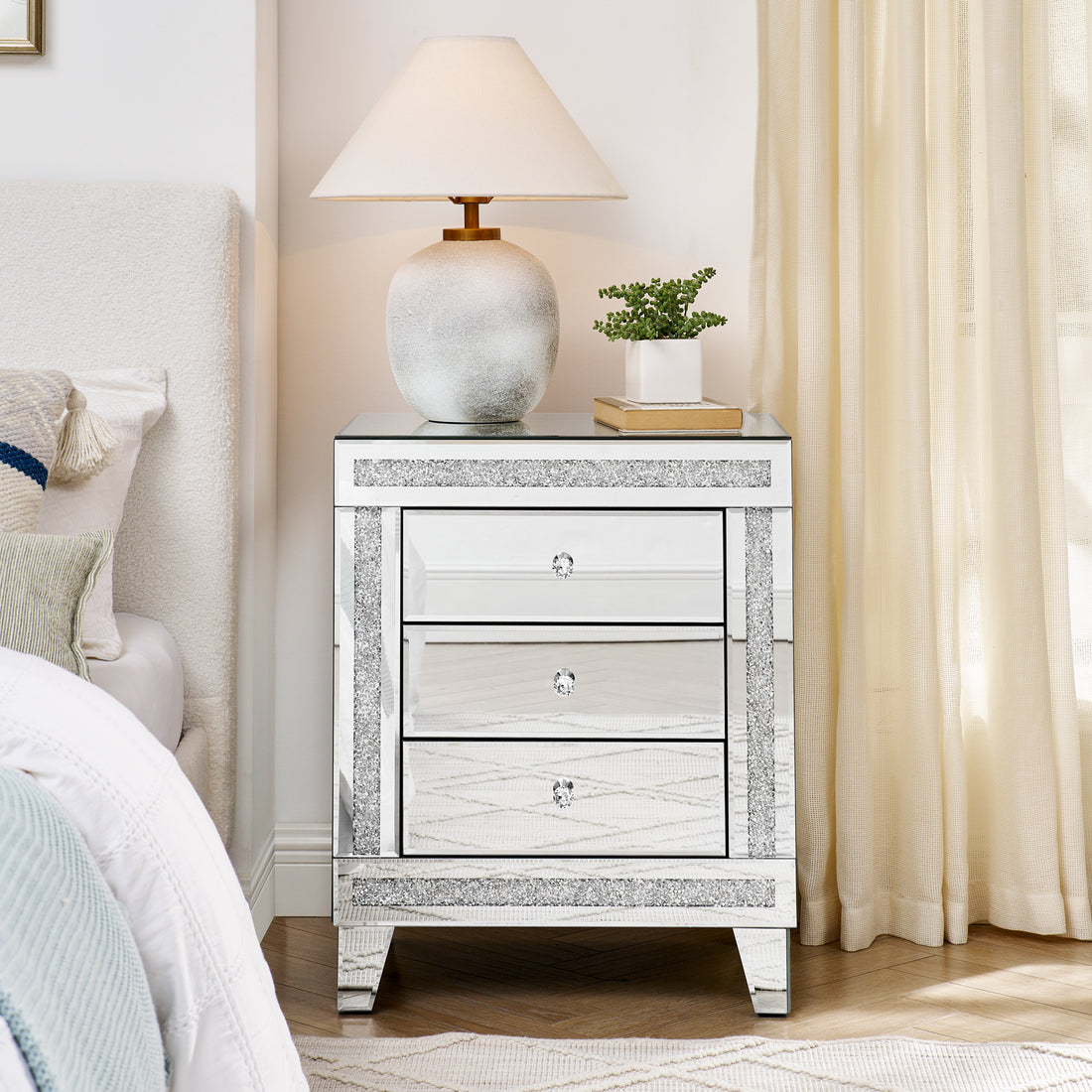 21.5 Inch X15.8 Inchx26.8 Inchsilver Mirror Three Drawer Cabinet,Multi Functional Storage Cabinet Chest 3 4 Drawers Glass Pane Silver Bedroom Drawers Included American Design Acrylic Mdf Glass