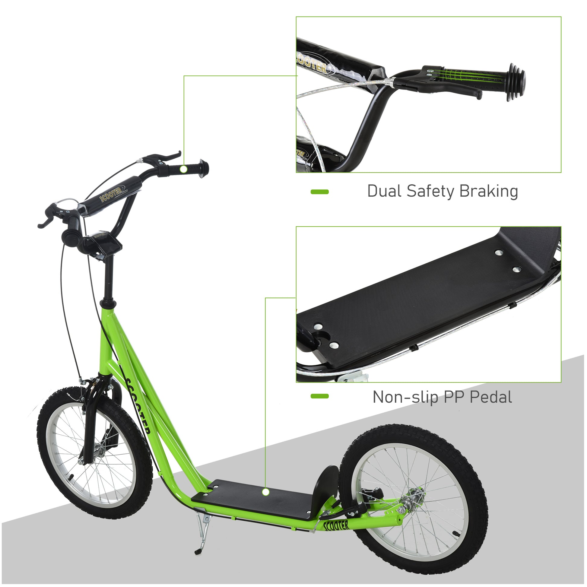 Aosom Youth Scooter Kick Scooter For Kids 5 With Adjustable Handlebar 16" Front And Rear Dual Brakes Inflatable Wheels, Light Green Green Iron Plastic