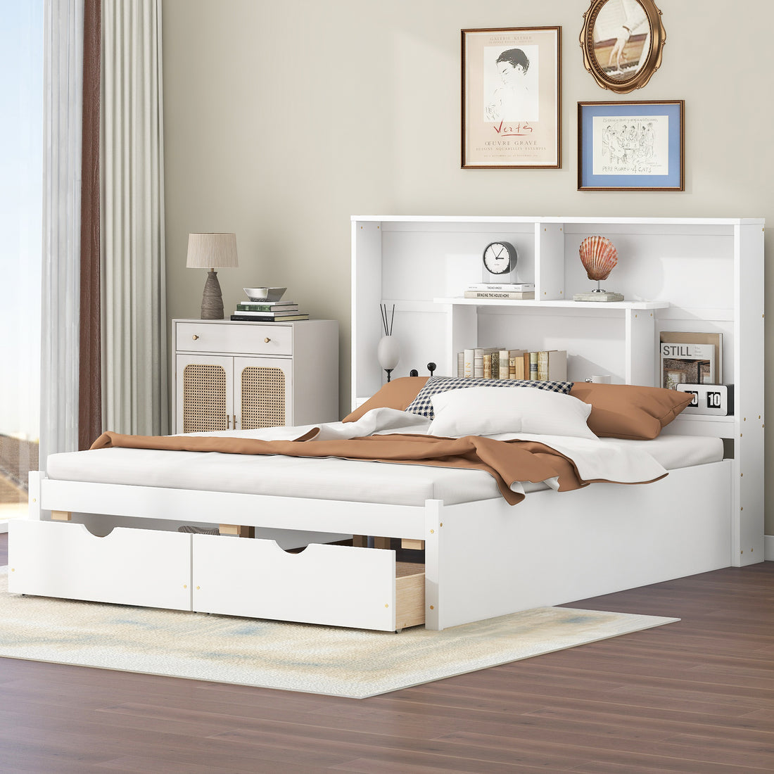 Queen Size Platform Bed With Storage Headboard And 2 Drawers, White Box Spring Not Required Queen White Wood Bedroom Bed Frame Solid Wood Mdf