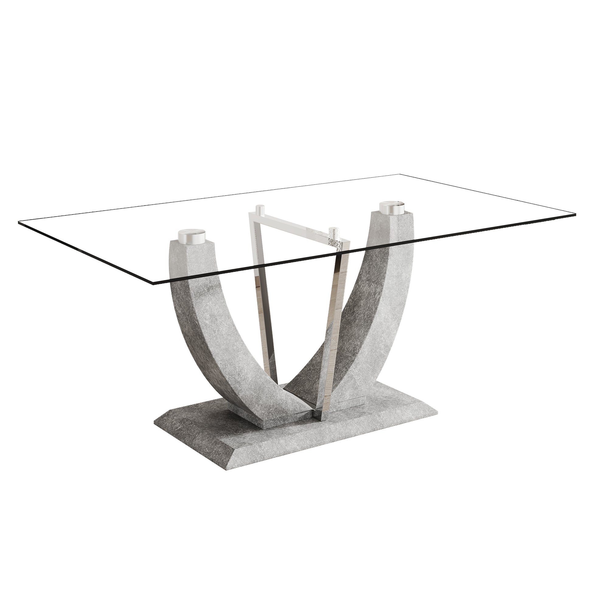 1 Table And 8 Chairs Set.Large Rectangular Table, Equipped With 0.39 Inch Tempered Glass Table Top And Mdf Table Legs.Paired With 8 Chairs With Faux Leather Padded Seats And Metal Legs.F 907,Dx 2268 Transparent Mdf Glass