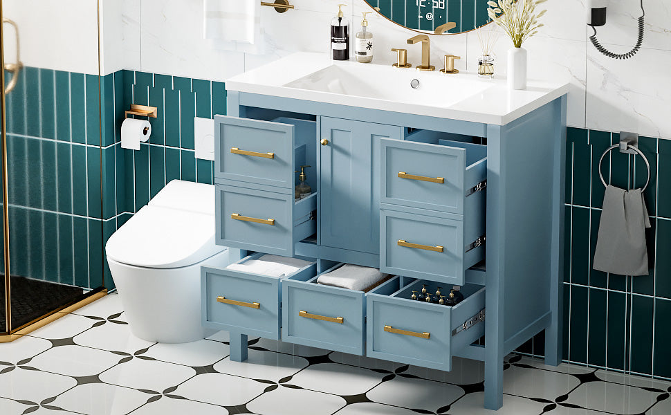 36'' Bathroom Vanity With Resin Sink Combo, Solid Wood Frame Bathroom Storage Cabinet, Freestanding Vanity Set With 5 Drawers& Soft Closing Doors Same As N710S136002M Blue Bathroom Solid Wood Mdf Resin