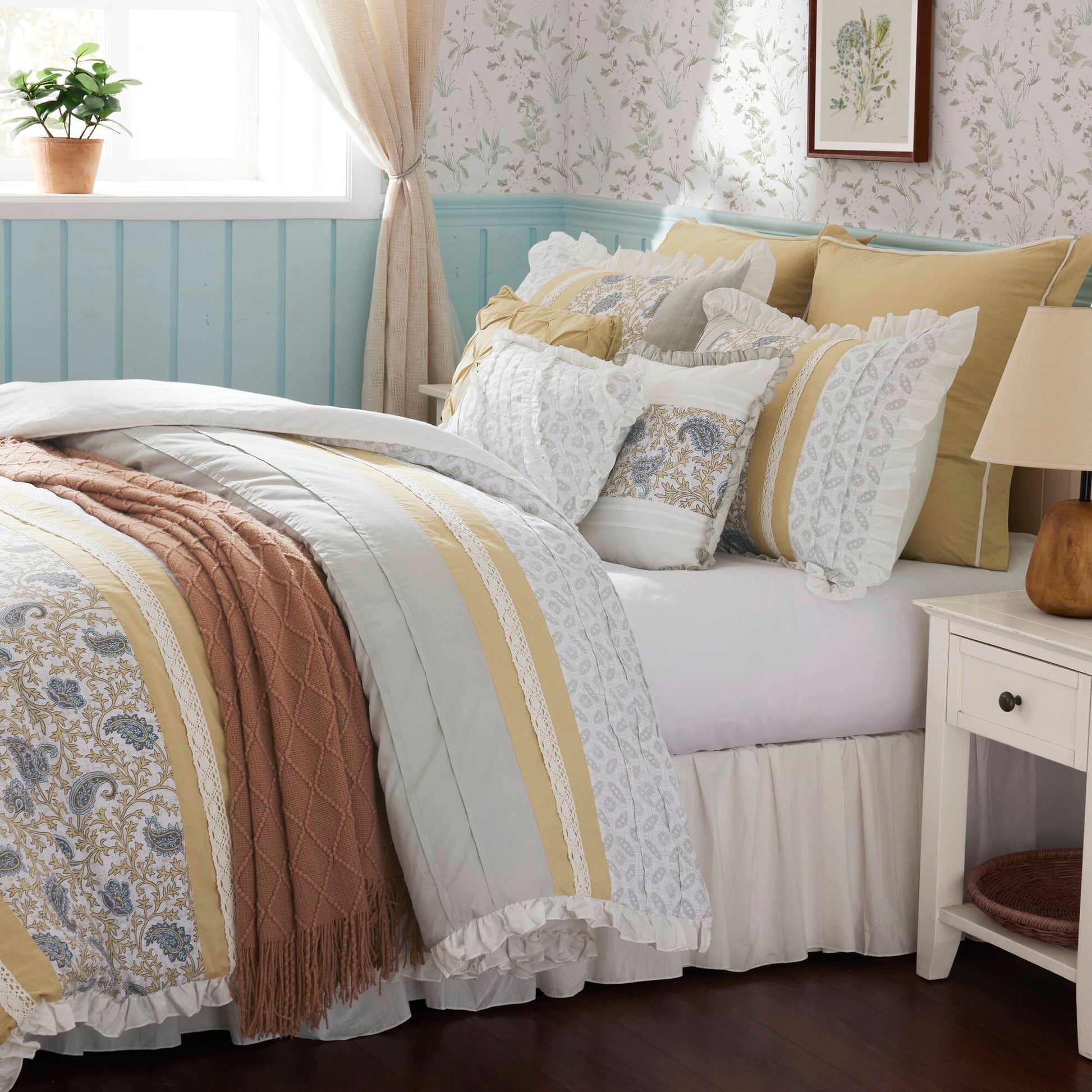 9 Piece Cotton Percale Comforter Set Yellow Queen Queen Yellow Polyester