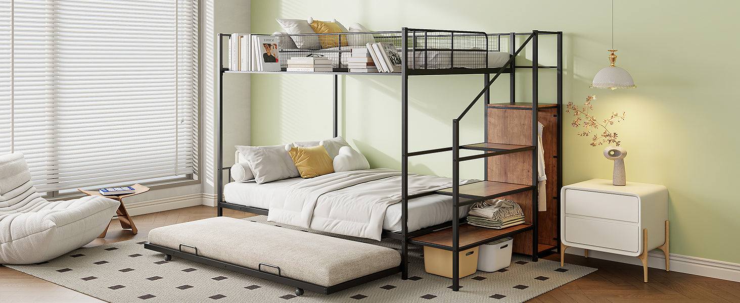 Twin Over Full Metal Bunk Bed With Trundle And Lateral Storage Ladder And Wardrobe, Black Black Metal