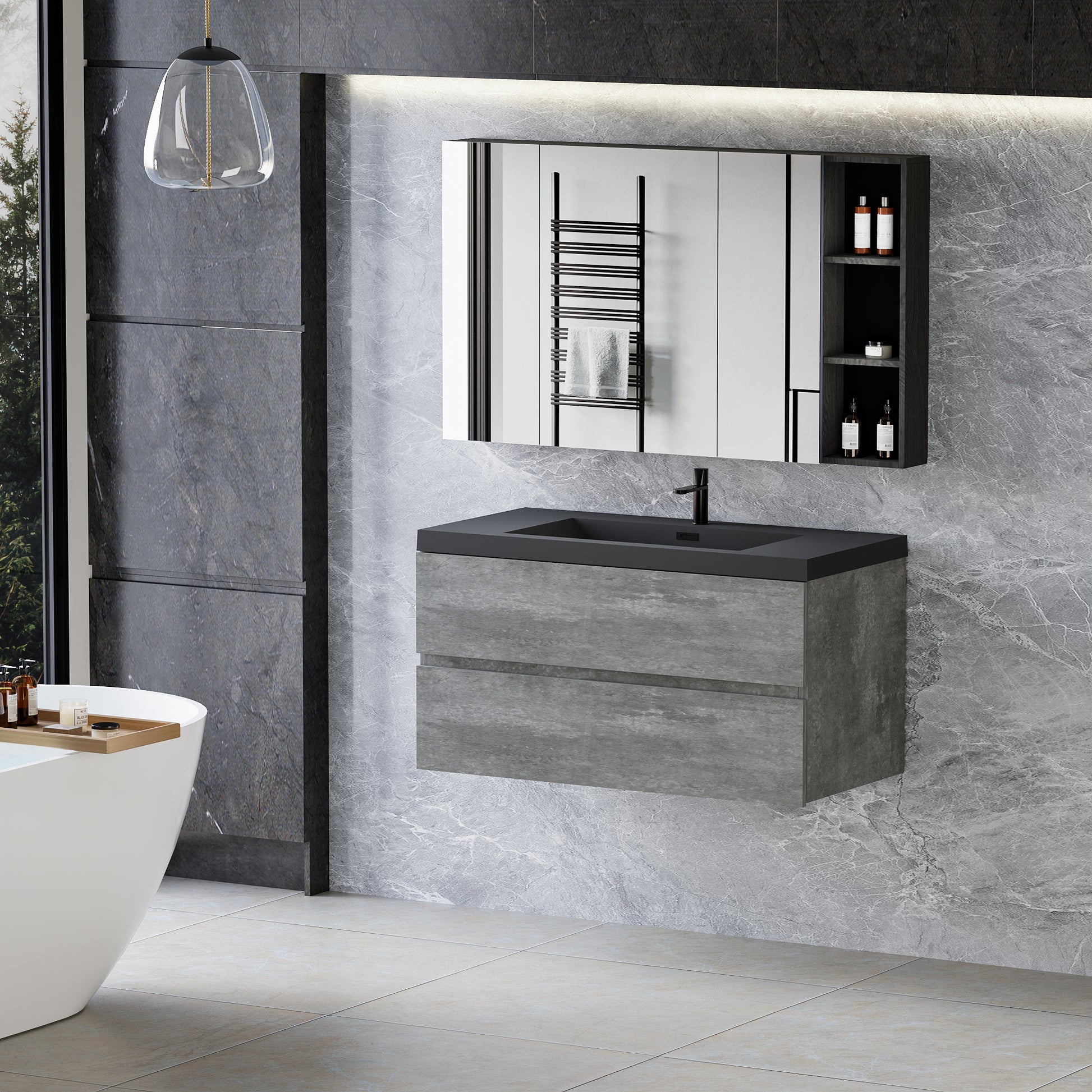 42" Floating Bathroom Vanity With Sink, Modern Wall Mounted Bathroom Storage Vanity Cabinet With Black Quartz Sand Top Basin And Soft Close Drawers, Grey 24V12 42Gr Grey Melamine