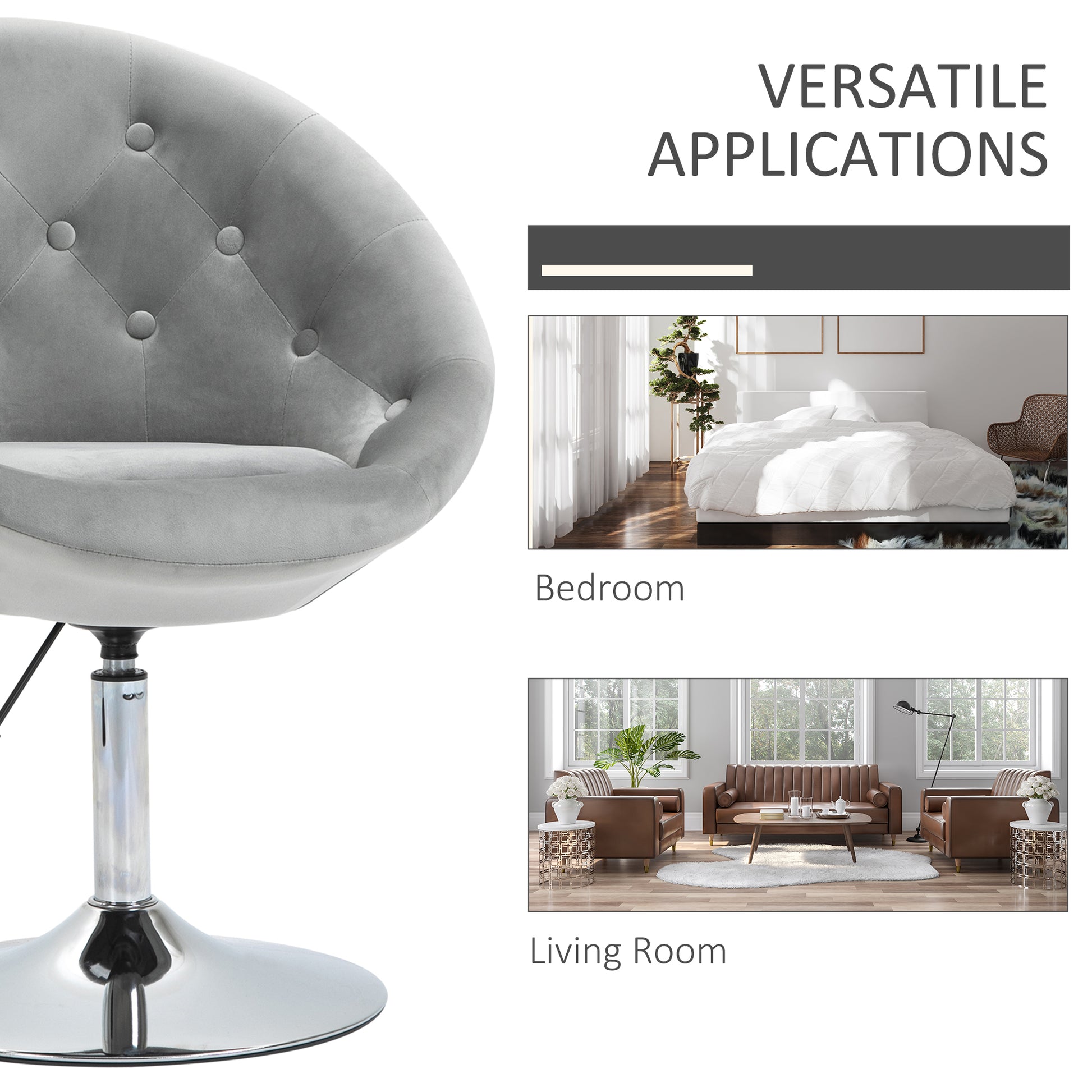 Homcom Modern Makeup Vanity Chair Round Tufted Swivel Accent Chair With Chrome Frame Height Adjustable For Living Room, Bedroom Gray Gray Polyester