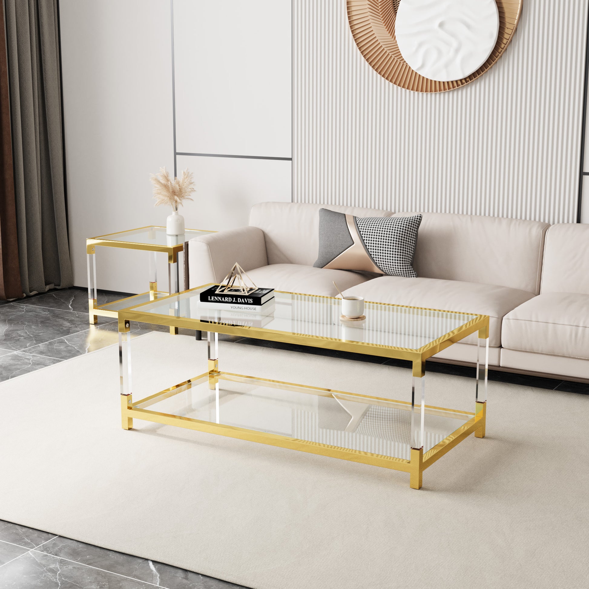 Modern Minimalist Style Gold Metal Frame With Acrylic Leg Coffee Table Cs 1195 Golden,Transparent Glass Acrylic