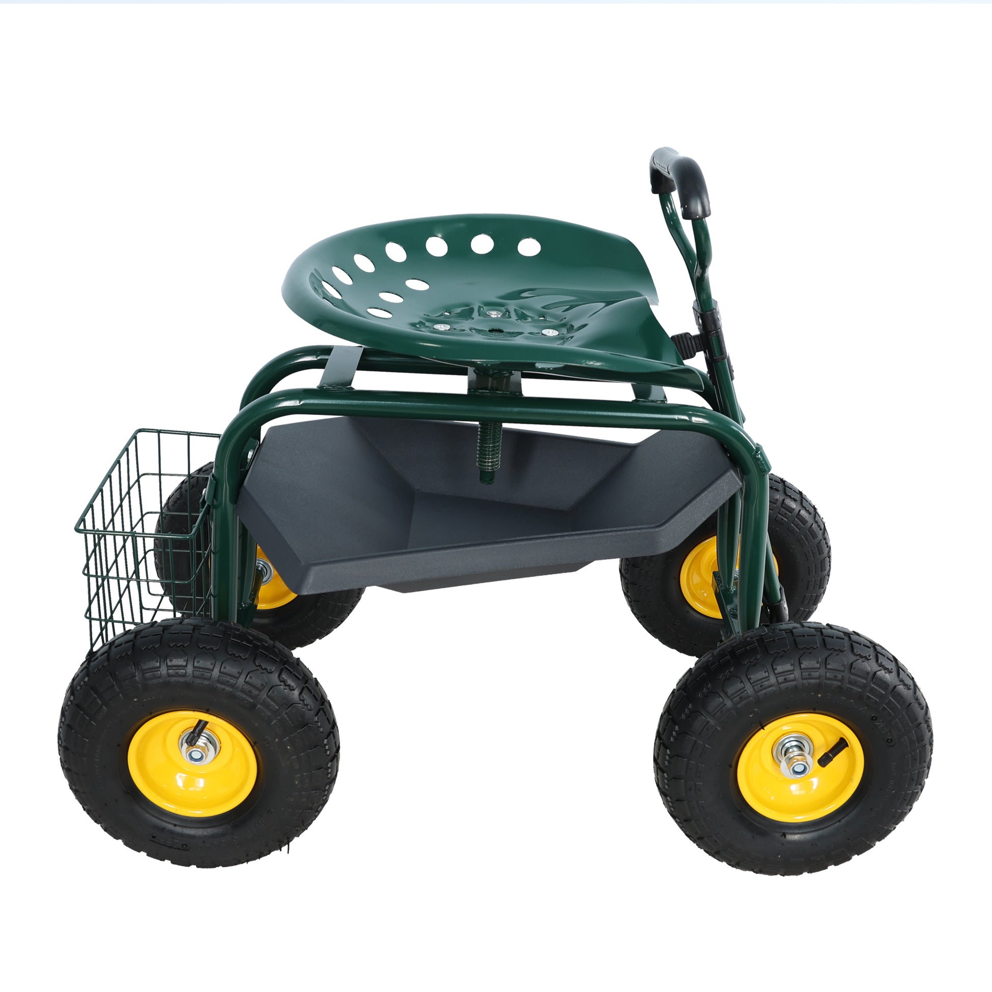 Garden Trolley Rolling Work Chair With Wheels, Garden Stool For Planting, 360 Degree Swivel Seat, Station Wagon Scooter With Steering Handle And Utility Tray, For Yard And Outdoors, Green Green Garden & Outdoor Iron